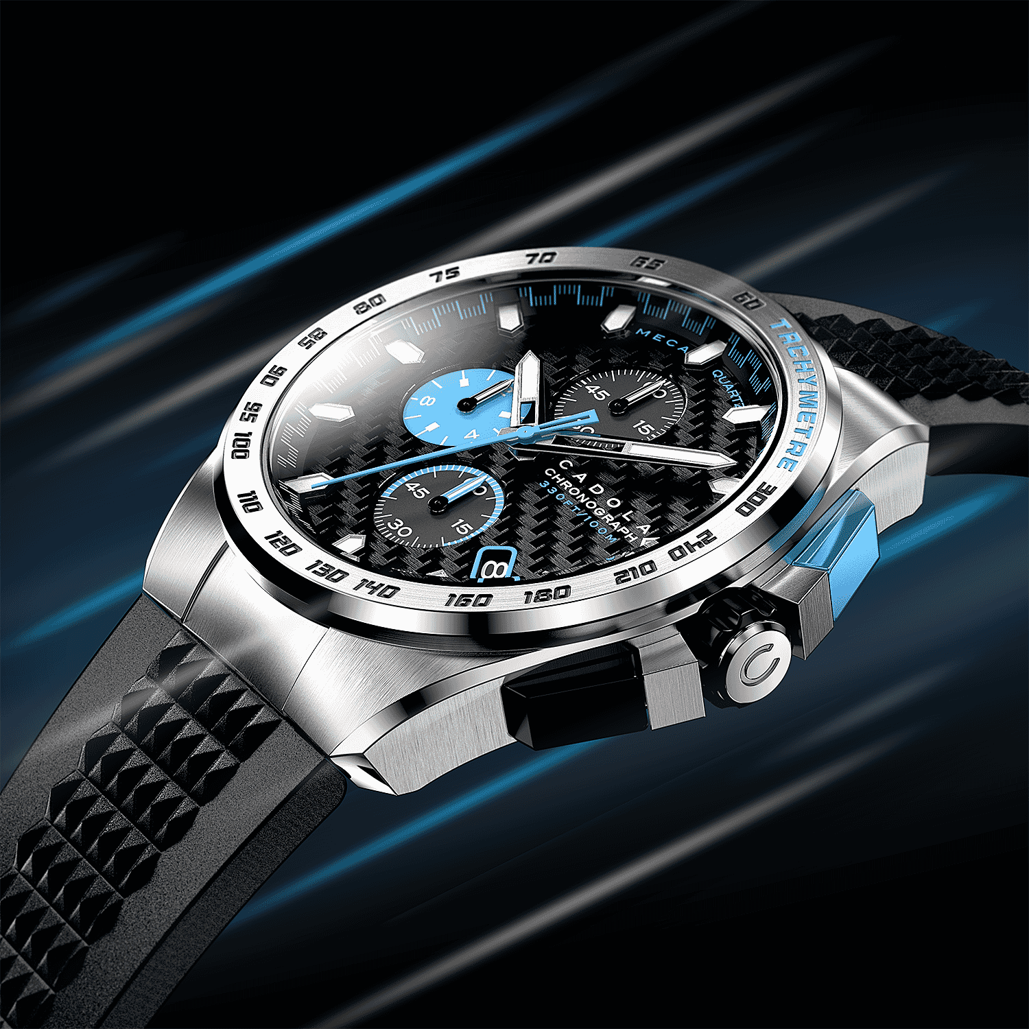CADOLA Peterson Chronograph Japanese Quartz Movt. Black Dial 44mm Stainless Steel Case 10 ATM Water Resistant Watch With Stainless Steel Chain Bracelet - Extra Black Silicon Strap CADOLA Peterson Chronograph Japanese Quartz Movt. Black Dial 44mm Stainless Steel Case 10 ATM Water Resistant Watch With Stainless Steel Chain Bracelet - Extra Black Silicon Strap