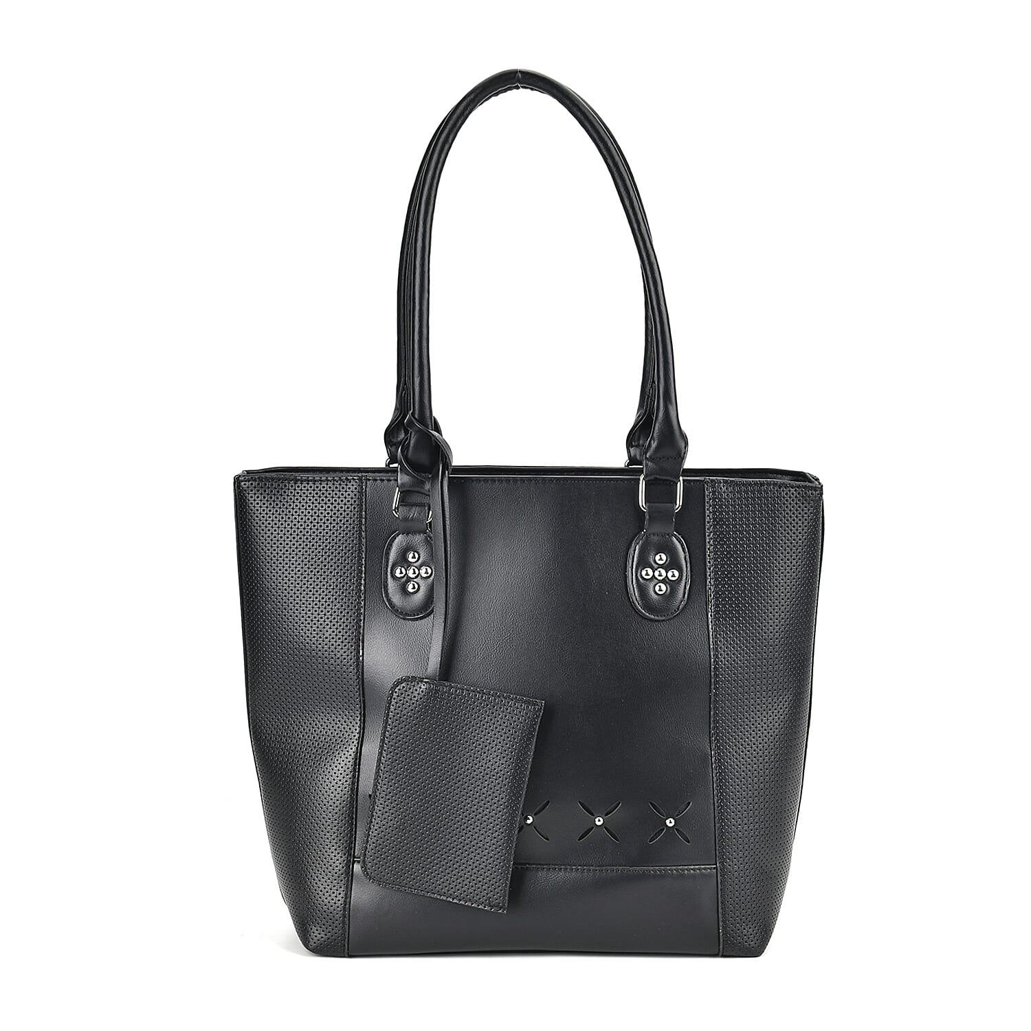 Leatherette Leaf Pattern Tote Bag with Card Holder - Black