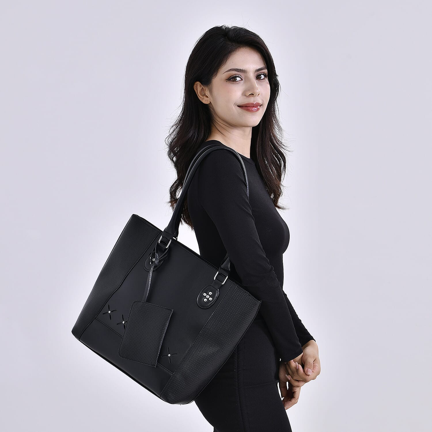 Leatherette Leaf Pattern Tote Bag with Card Holder - Black