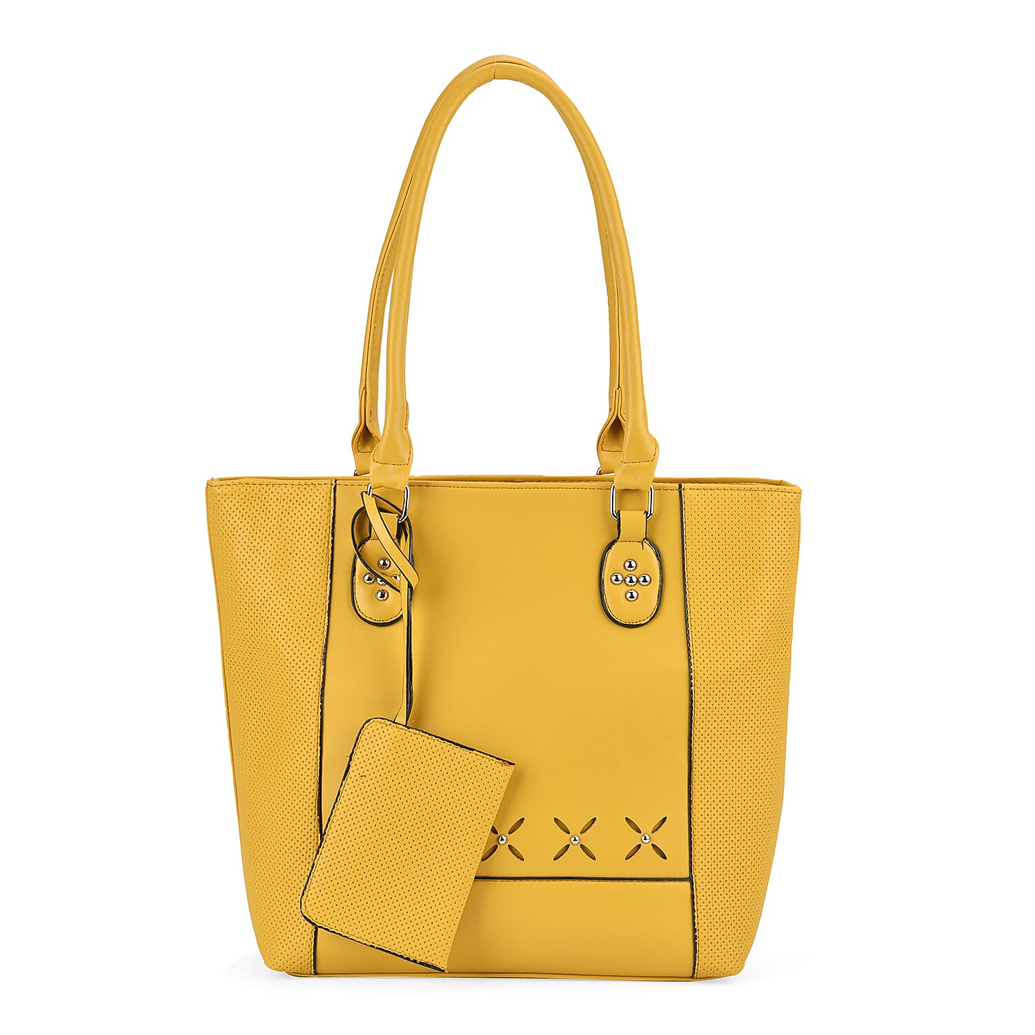 Leatherette Leaf Pattern Tote Bag with Card Holder - Yellow