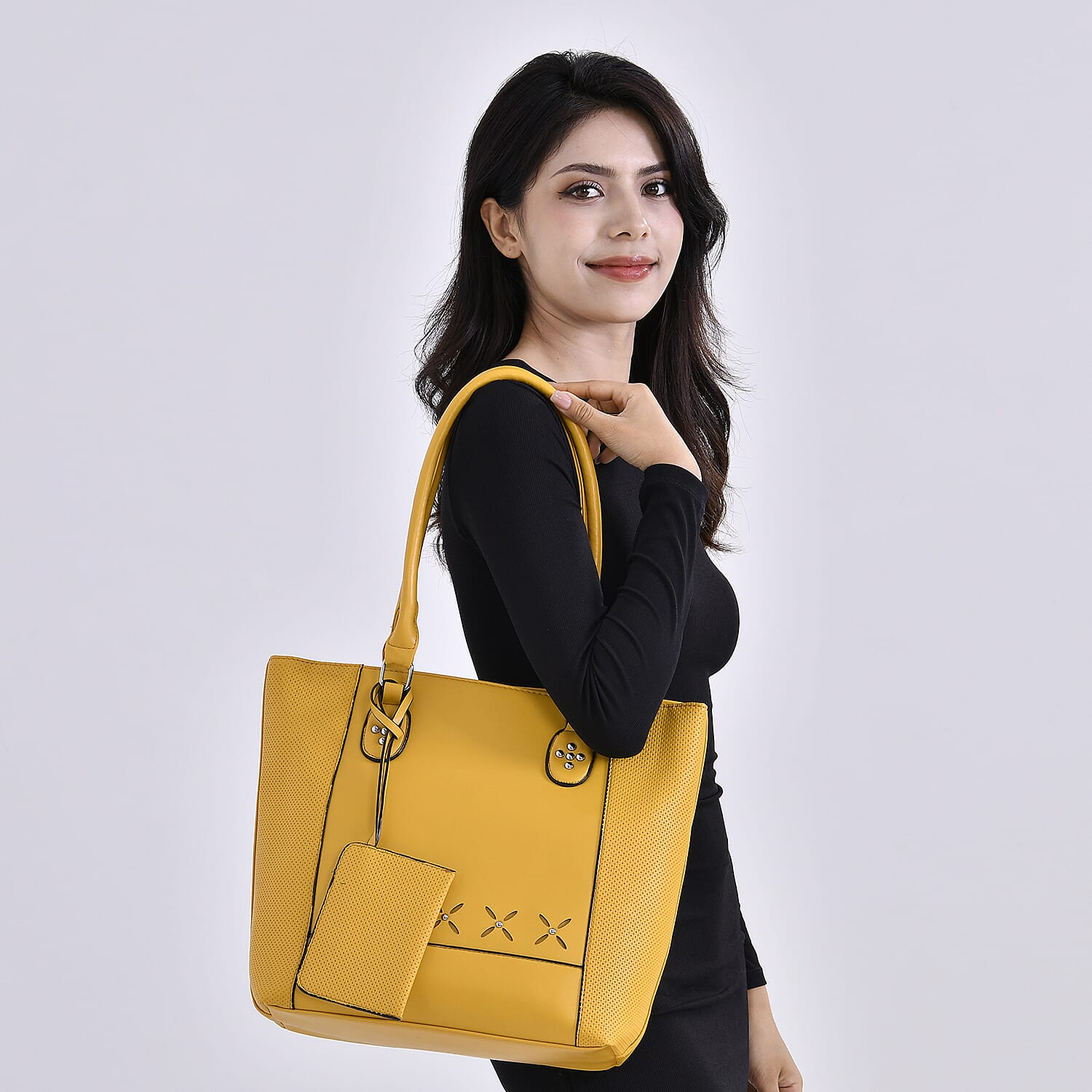 Leatherette Leaf Pattern Tote Bag with Card Holder - Yellow