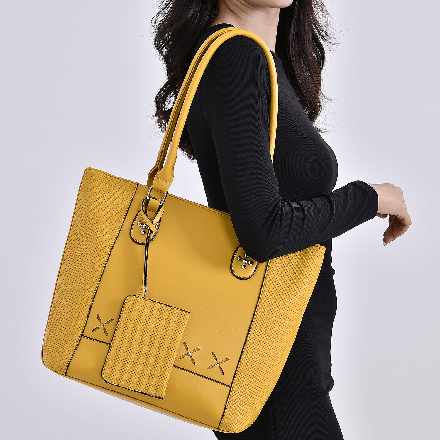 Leatherette Leaf Pattern Tote Bag with Card Holder - Yellow