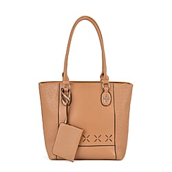 Leatherette Leaf Pattern Tote Bag with Card Holder - Light Brown