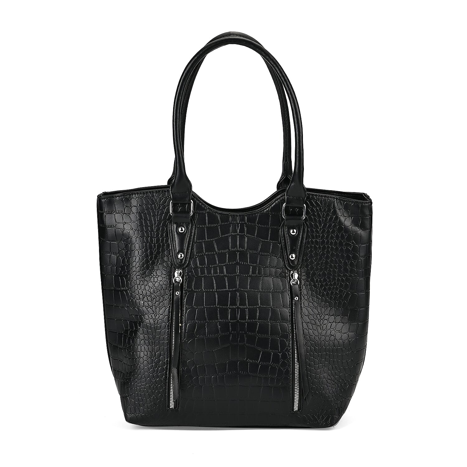 Leatherette Embossed Crocodile Pattern Tote Bag with Handle Drop - Black