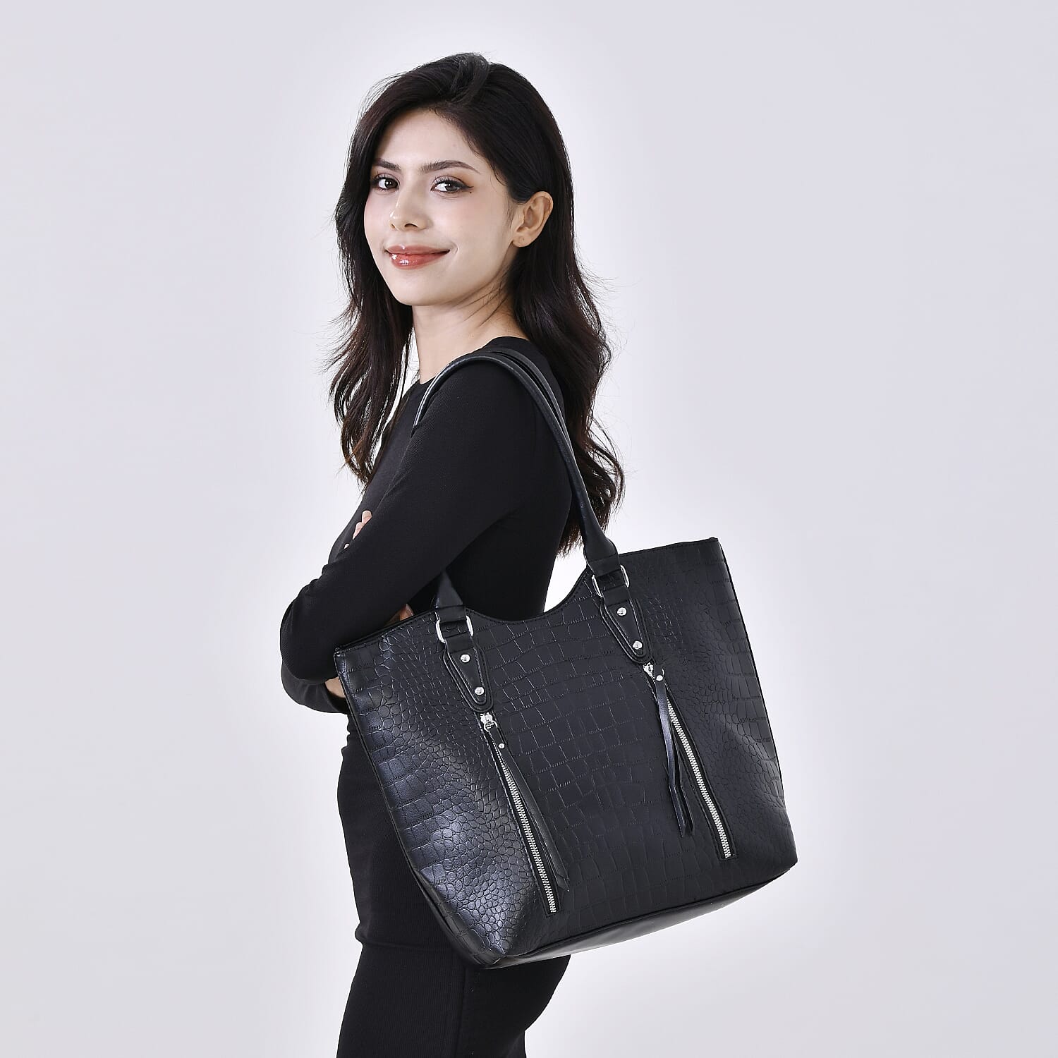 Leatherette Embossed Crocodile Pattern Tote Bag with Handle Drop - Black