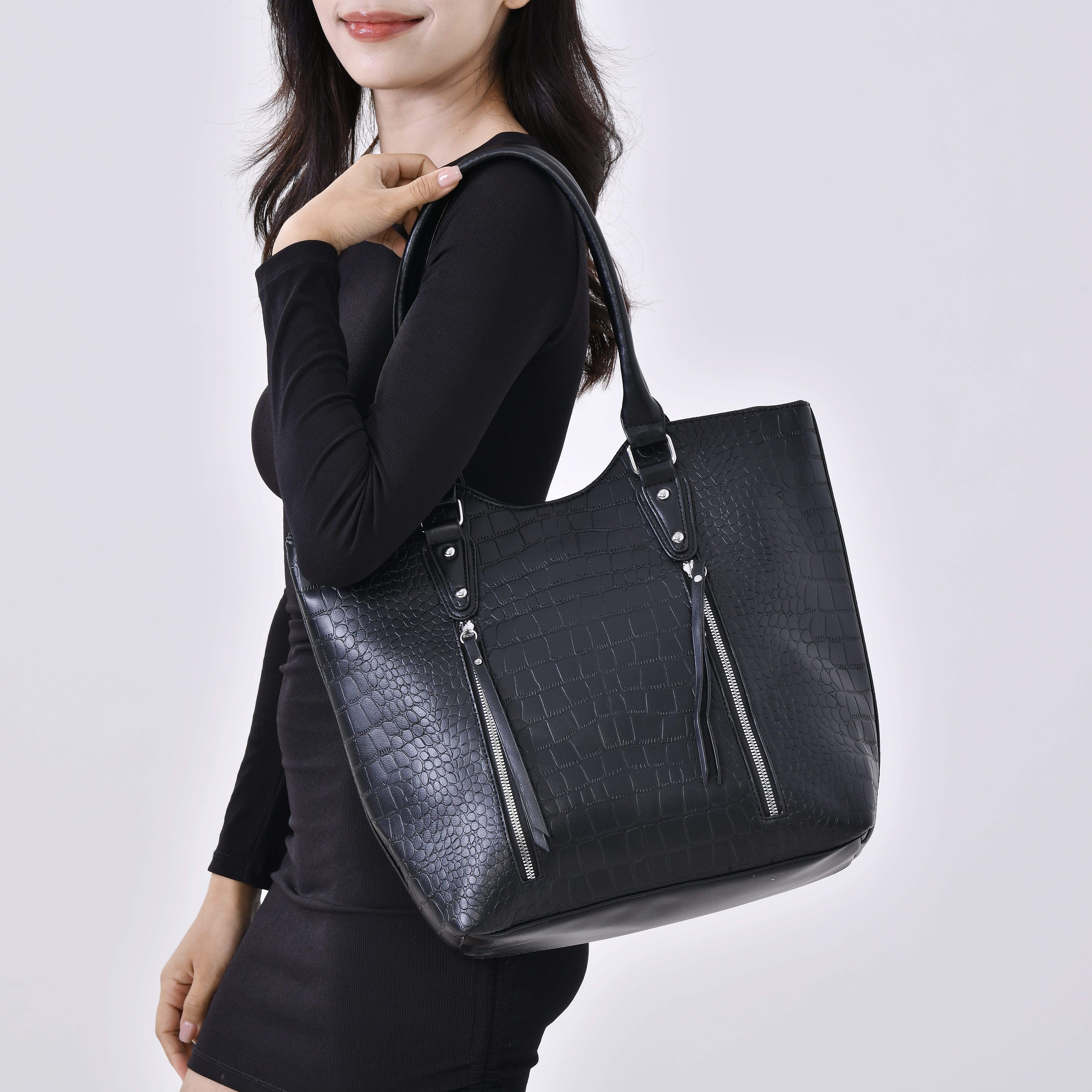 Leatherette Embossed Crocodile Pattern Tote Bag with Handle Drop - Black