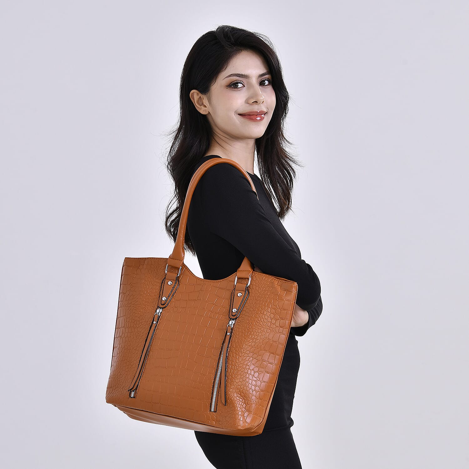 Leatherette Embossed Crocodile Pattern Tote Bag with Handle Drop - Brown