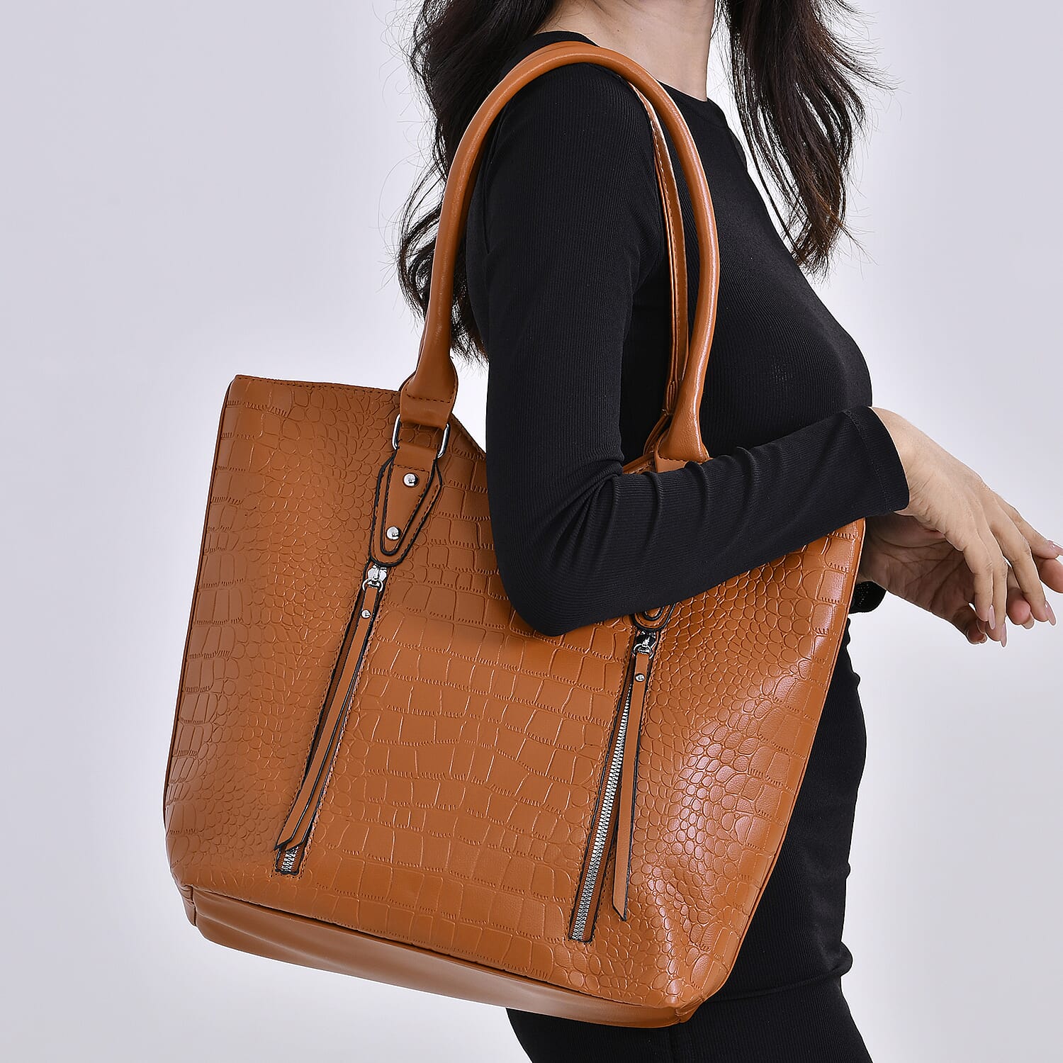 Leatherette Embossed Crocodile Pattern Tote Bag with Handle Drop - Brown