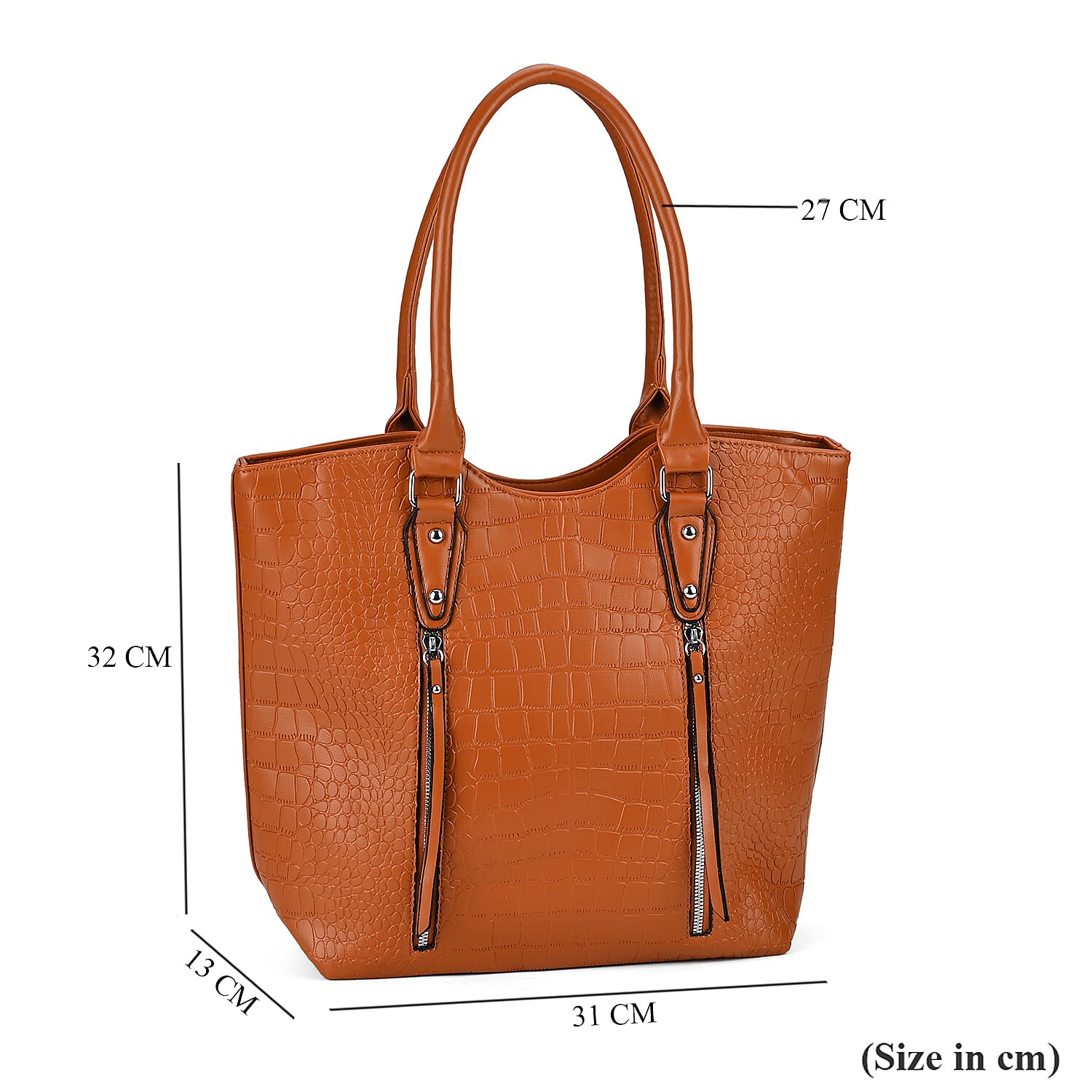 Leatherette Embossed Crocodile Pattern Tote Bag with Handle Drop - Brown