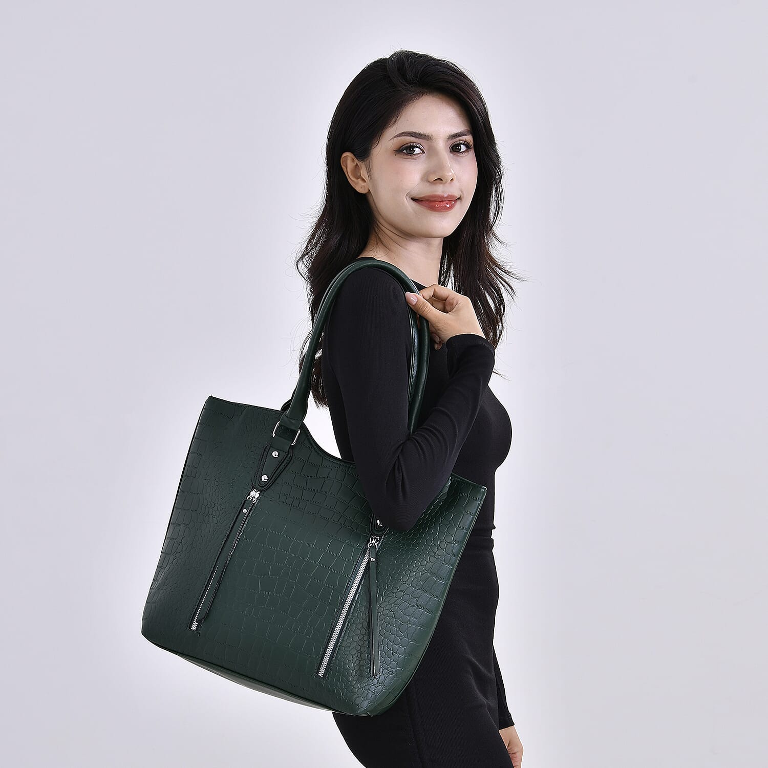 PU Crocodile Tote Bag (Size 31x13x32 cm) - Green & Black
