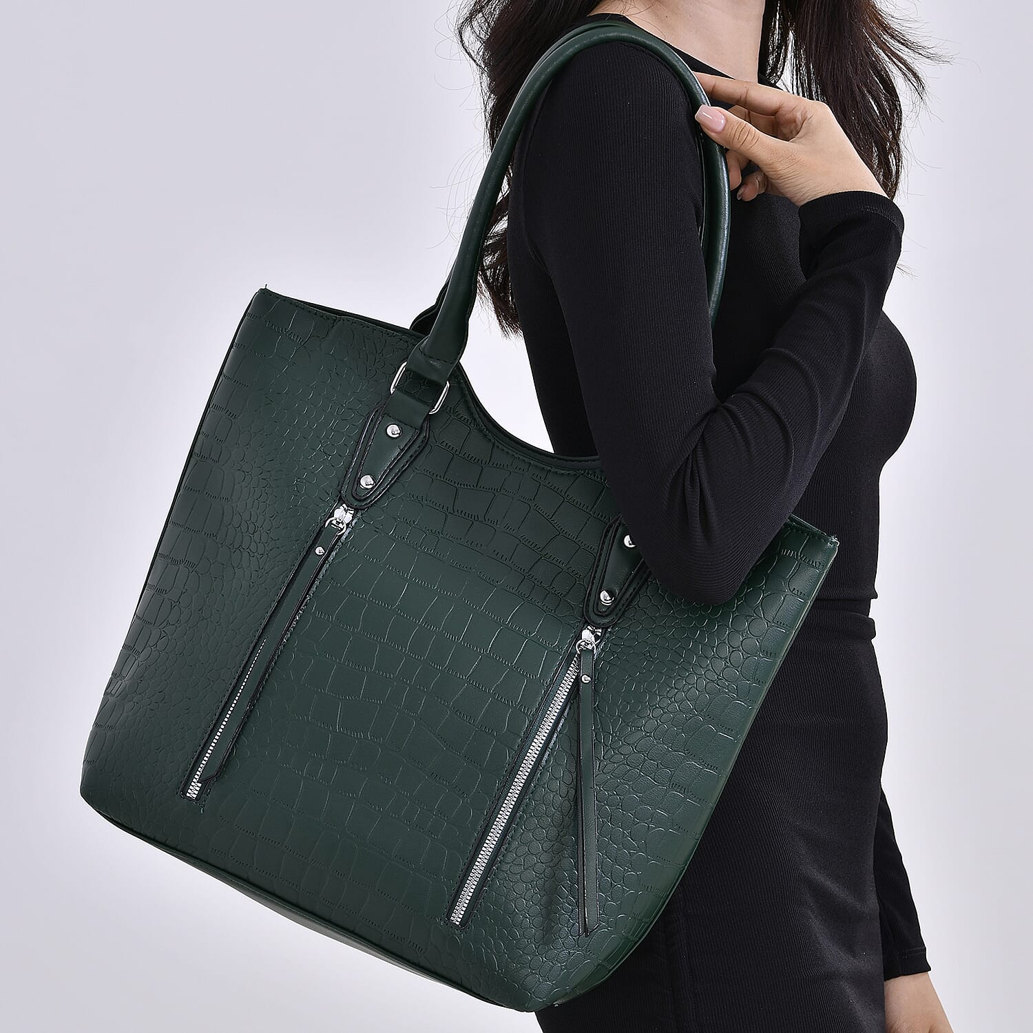 PU Crocodile Tote Bag (Size 31x13x32 cm) - Green & Black