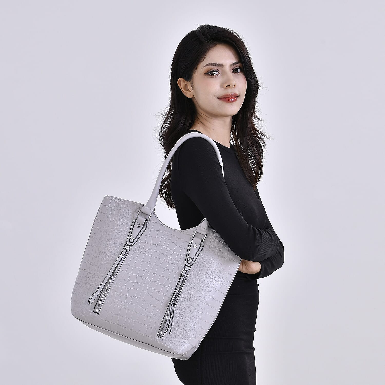 Leatherette Embossed Crocodile Pattern Tote Bag with Handle Drop - Grey