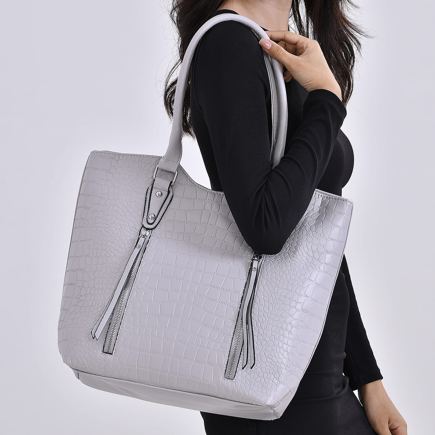 Leatherette Embossed Crocodile Pattern Tote Bag with Handle Drop - Grey