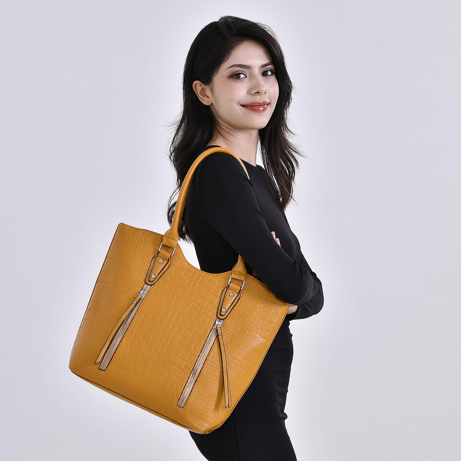 Leatherette Embossed Crocodile Pattern Tote Bag with Handle Drop - Yellow