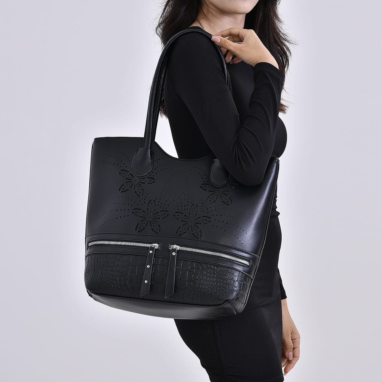 PU Flower Tote Bag (Size 31x13x32 cm) - Black & Black