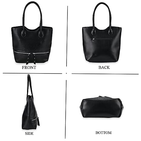 PU Flower Tote Bag (Size 31x13x32 cm) - Black & Black