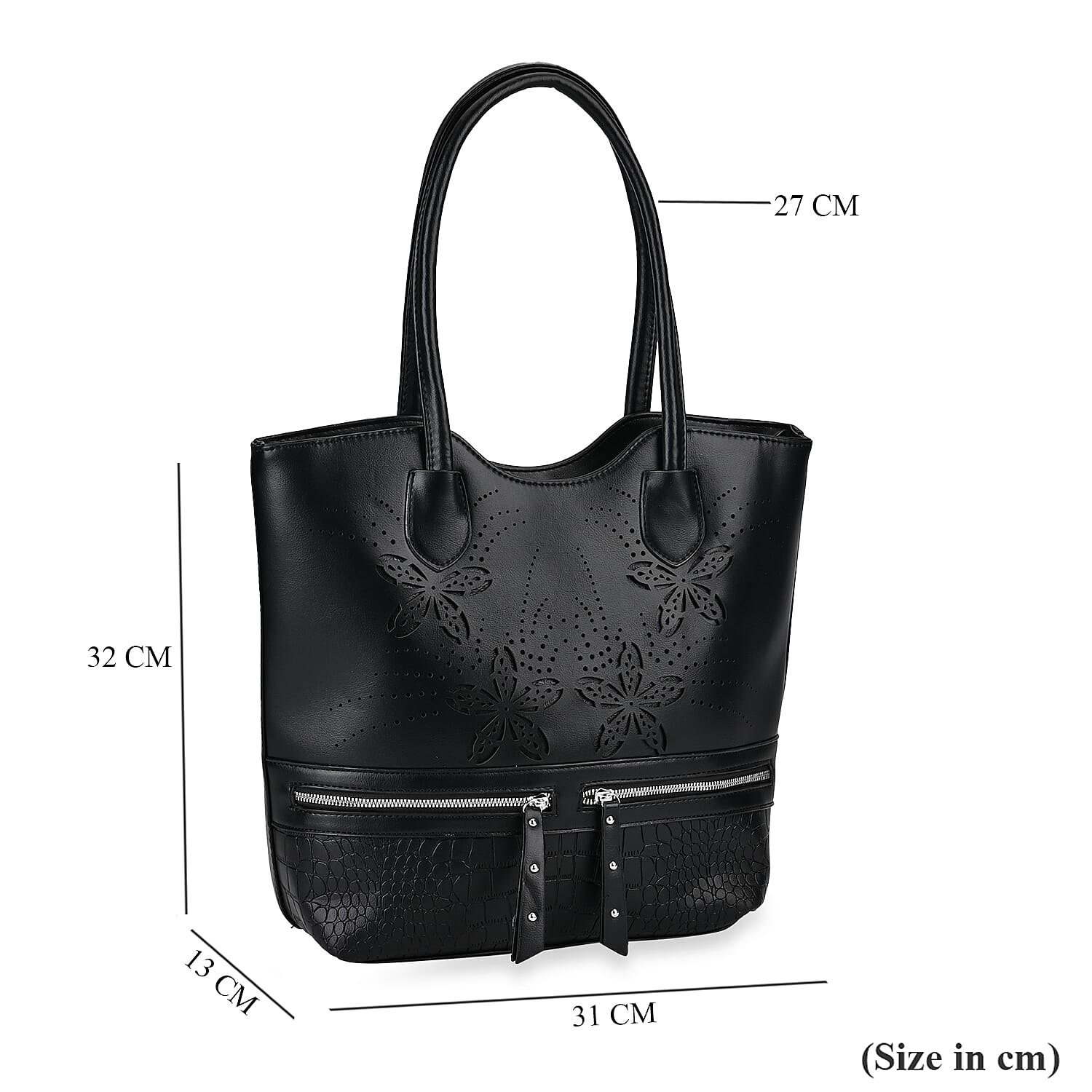 Leatherette Flower Pattern Tote Bag - Black Leatherette Flower Pattern Tote Bag - Black