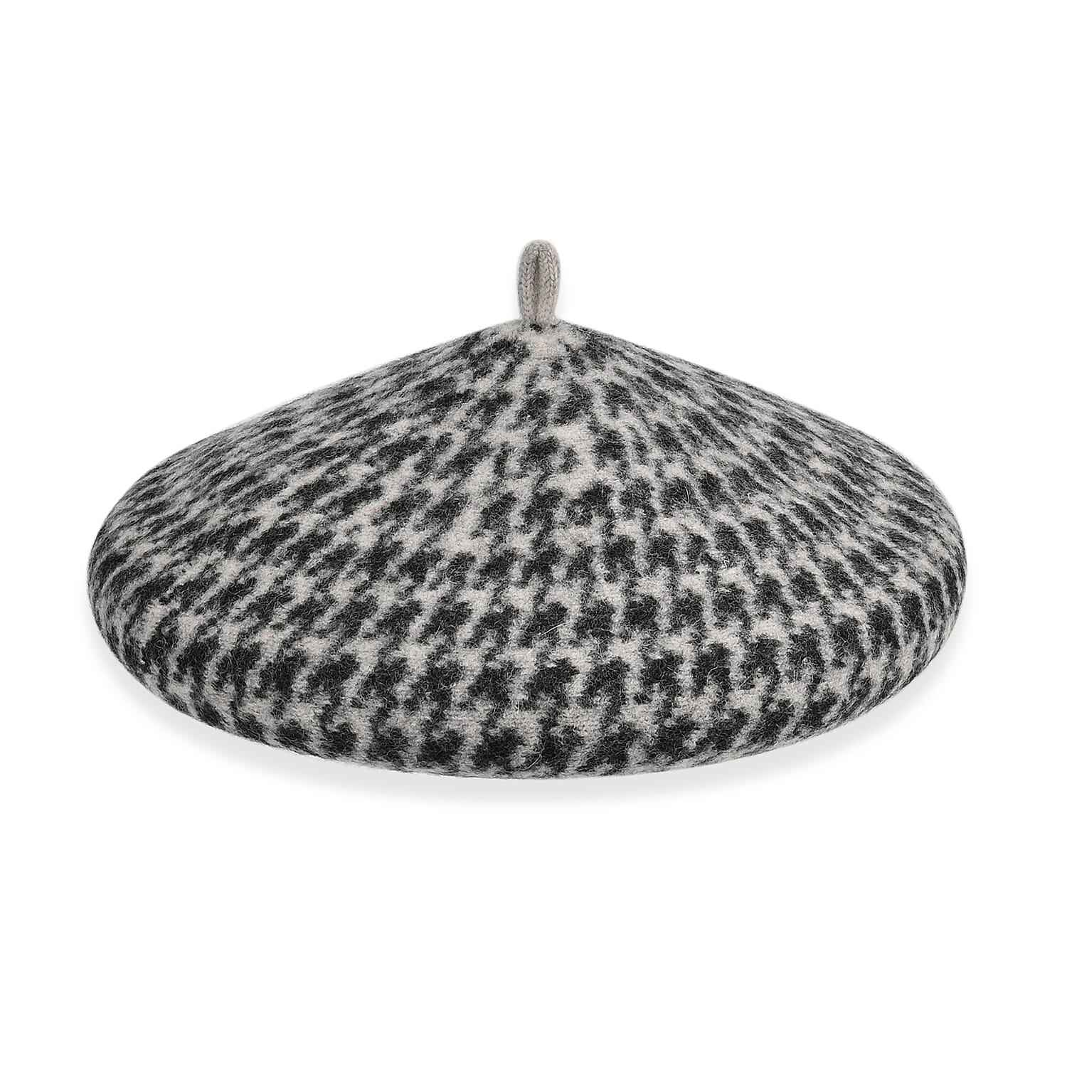 Woollen Houndstooth Pattern Beret Cap - Black (90% Wool)