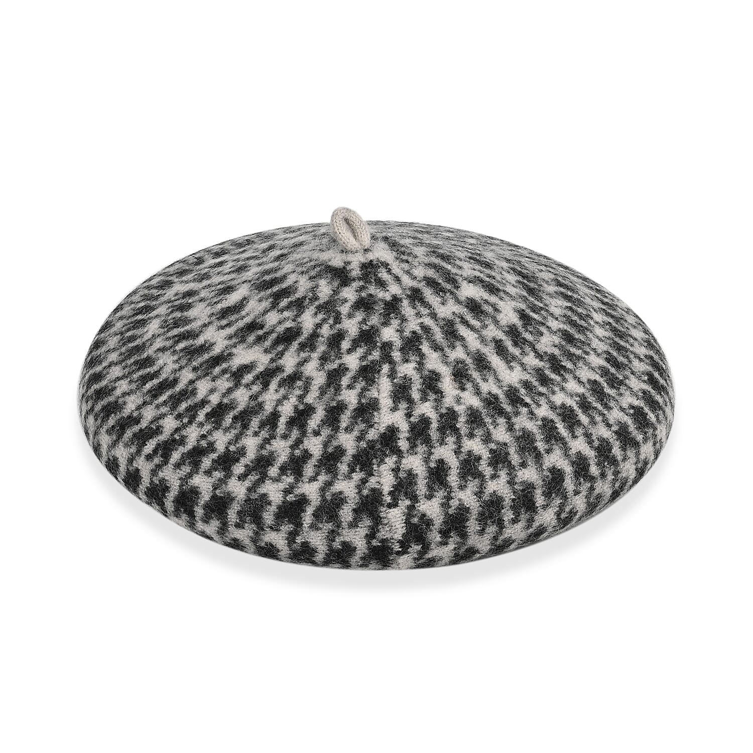 Woollen Houndstooth Pattern Beret Cap - Black (90% Wool)