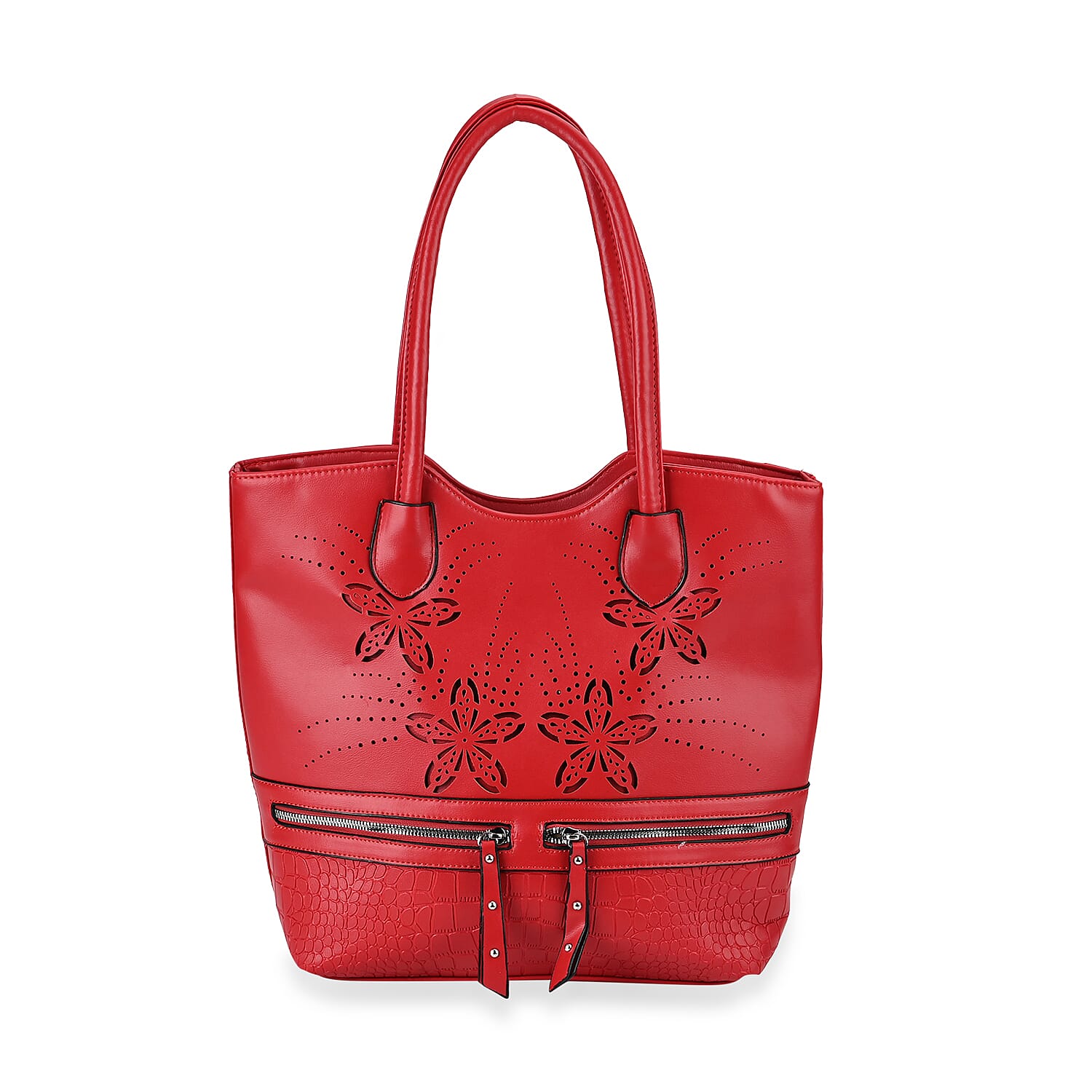 Leatherette Flower Pattern Tote Bag with Handle Drop - Red