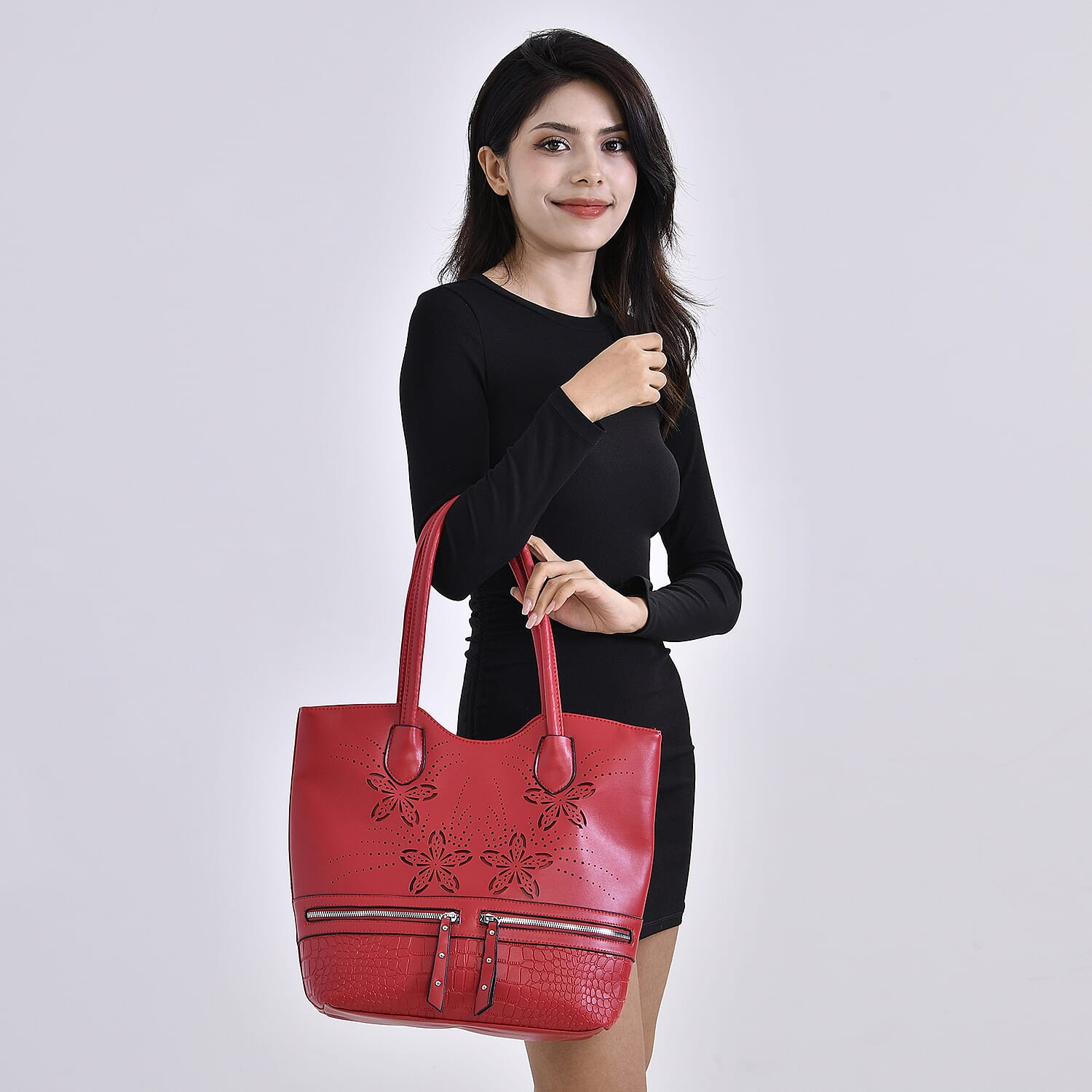 Leatherette Flower Pattern Tote Bag with Handle Drop - Red