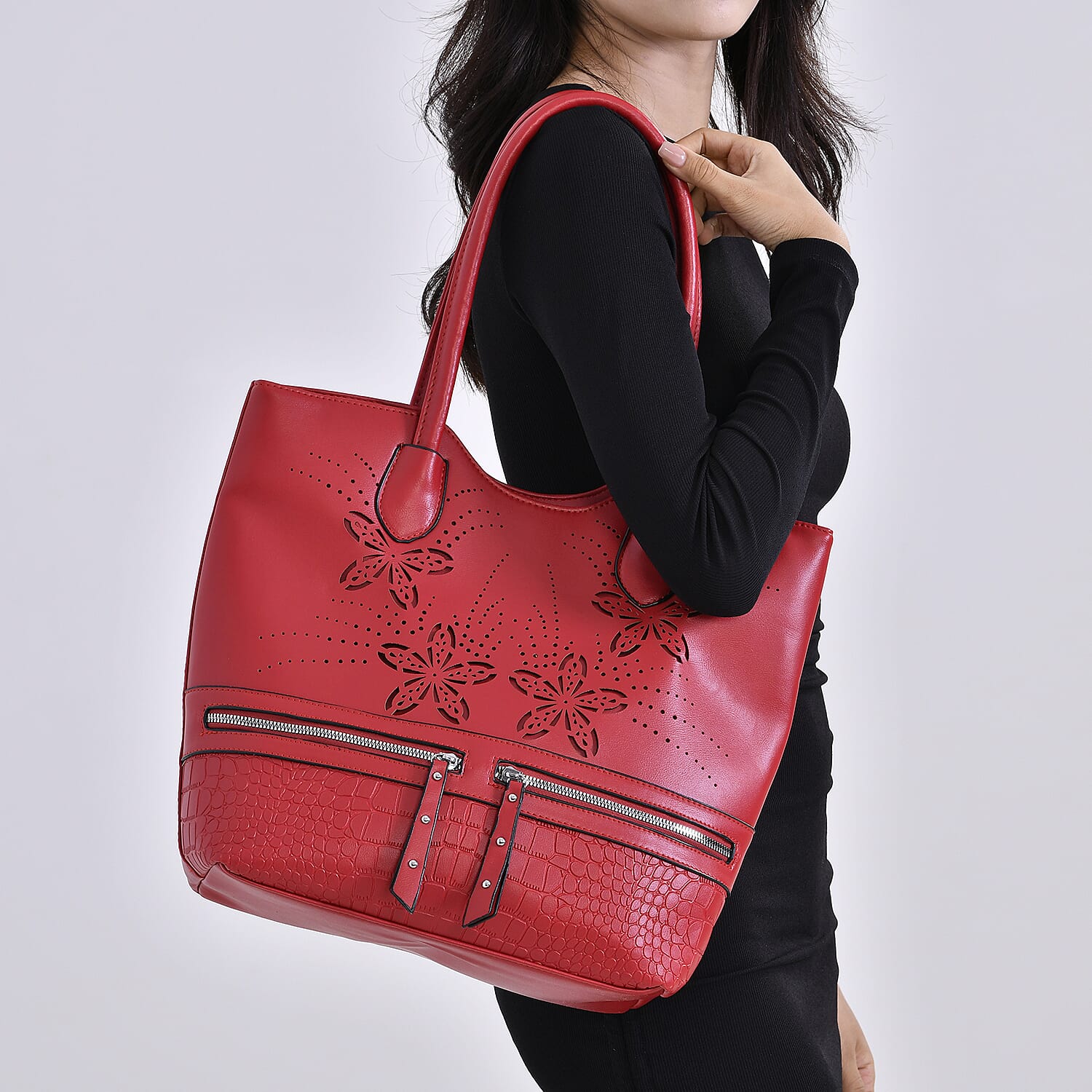 Leatherette Flower Pattern Tote Bag with Handle Drop - Red