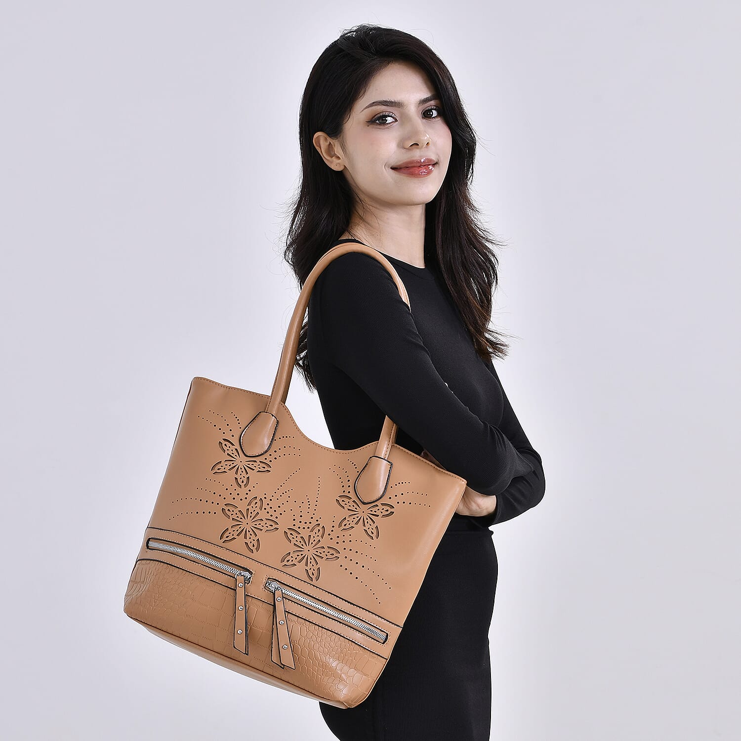 PU Flower Tote Bag (Size 31x13x32 cm) - Beige & Black