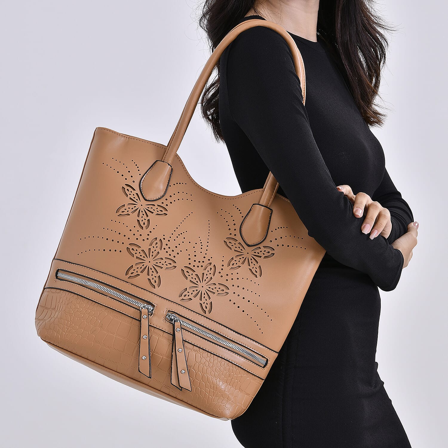 PU Flower Tote Bag (Size 31x13x32 cm) - Beige & Black