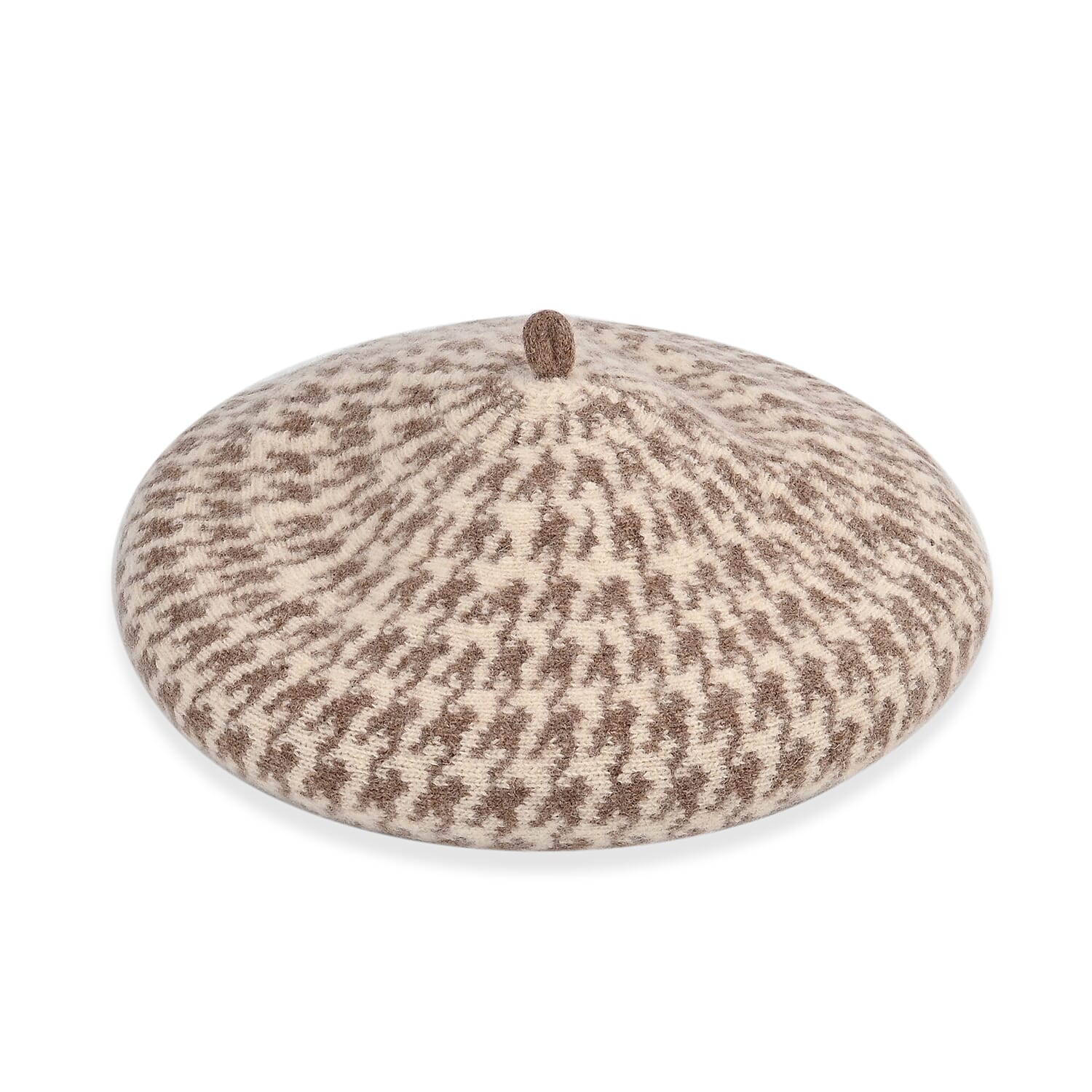 Woollen Houndstooth Pattern Beret Cap - Khaki (90% Wool)