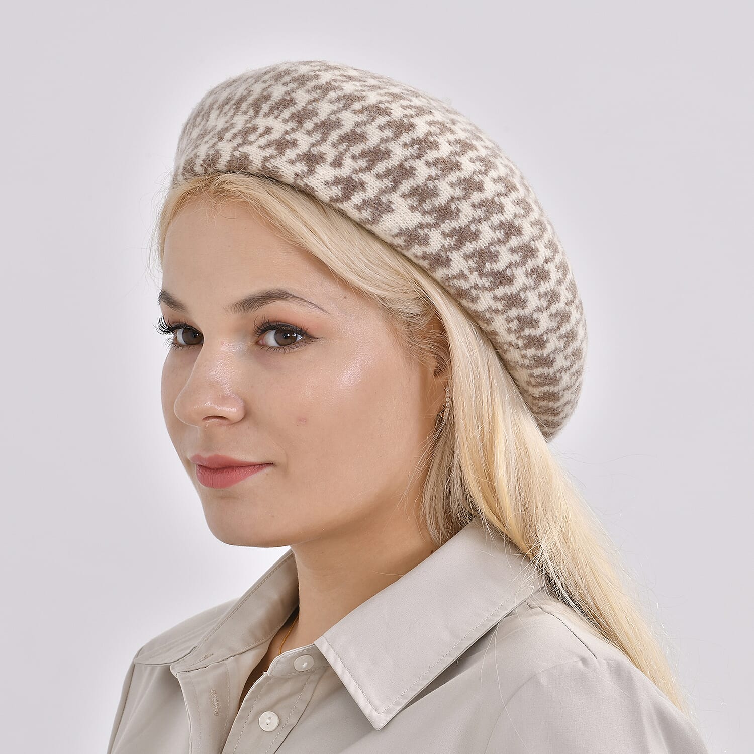 Woollen Houndstooth Pattern Beret Cap - Khaki (90% Wool)