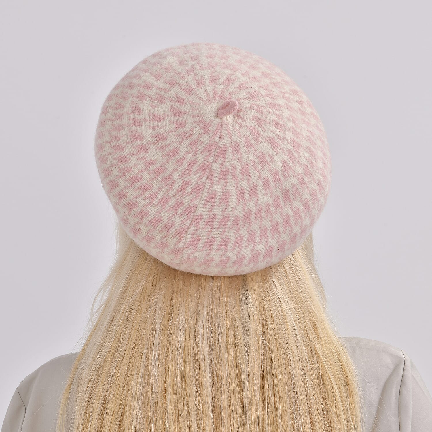 Woollen Houndstooth Pattern Beret Cap - Pink (90% Wool)