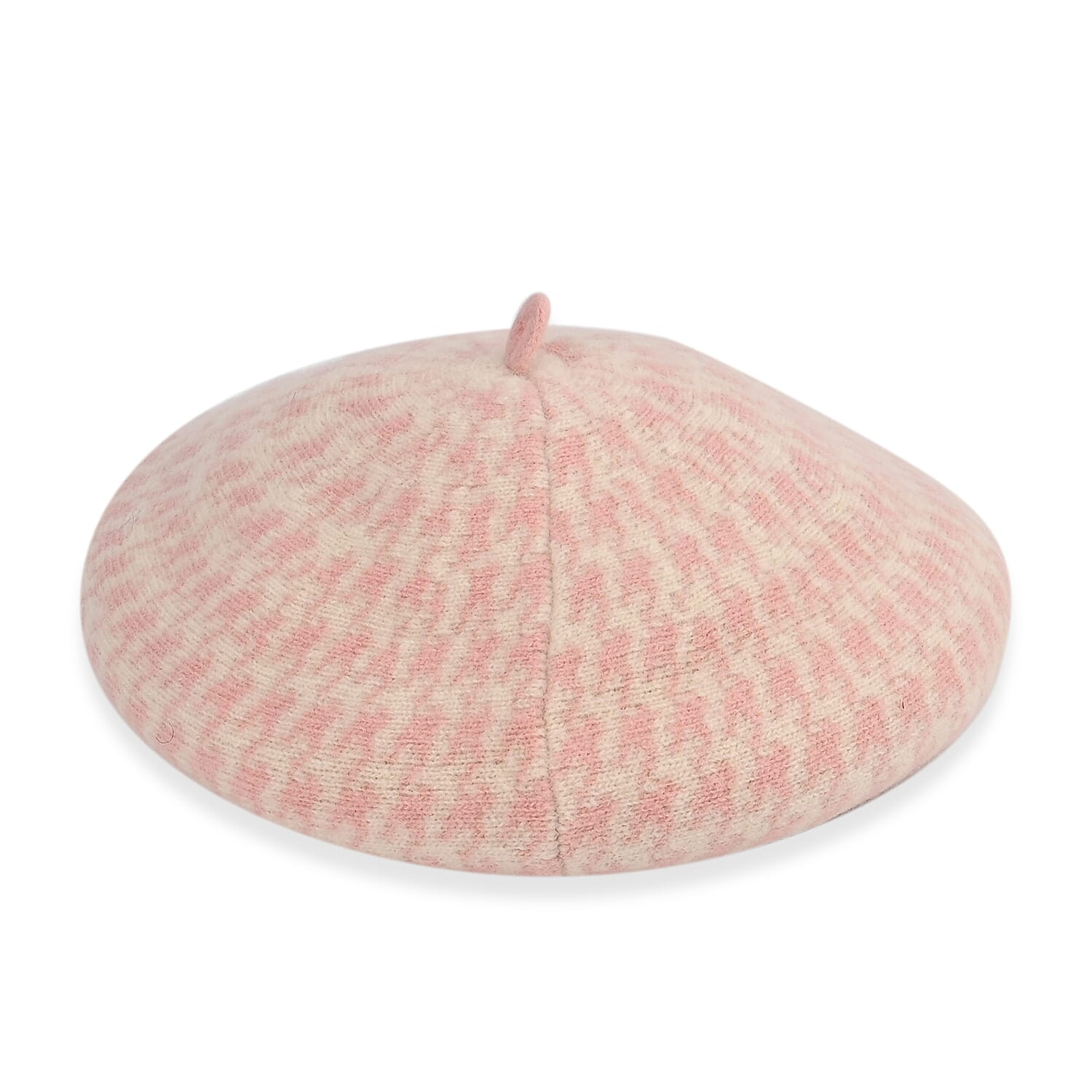 Woollen Houndstooth Pattern Beret Cap - Pink (90% Wool)