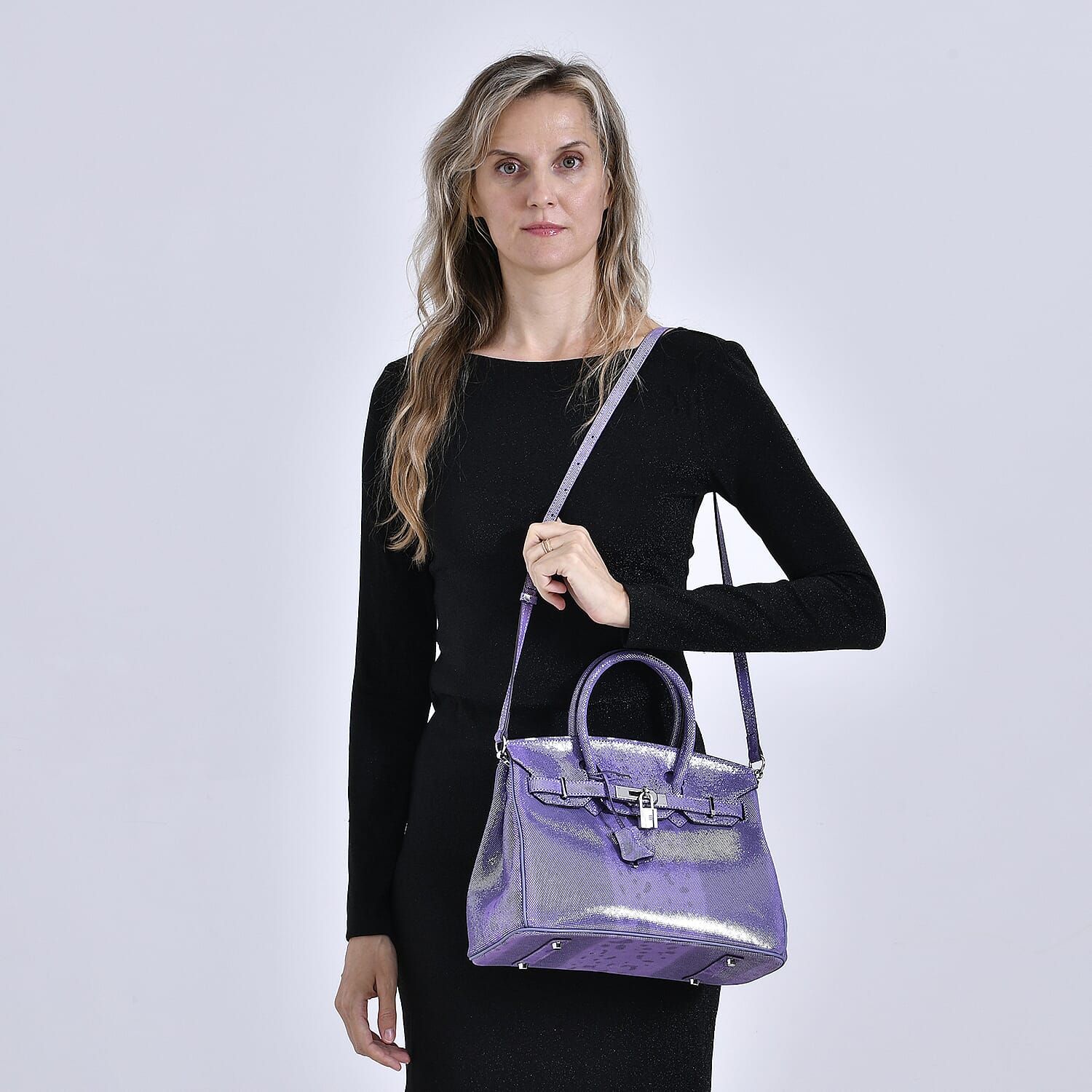 Designer Inspired - 100% Genuine Leather Snakeskin Pattern Crossbody Bag - Purple