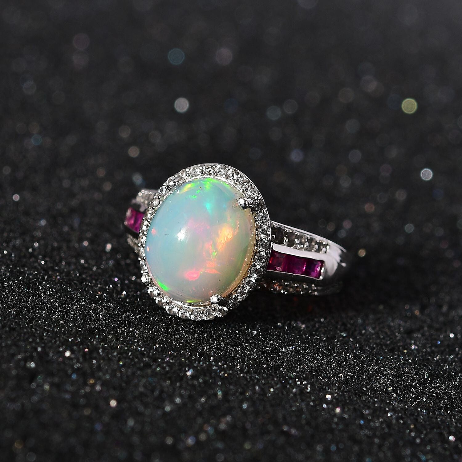 Doorbuster - Ethiopian Welo Opal, African Ruby & Natural Zircon Ring in Platinum Overlay Sterling Silver 3.30 Ct