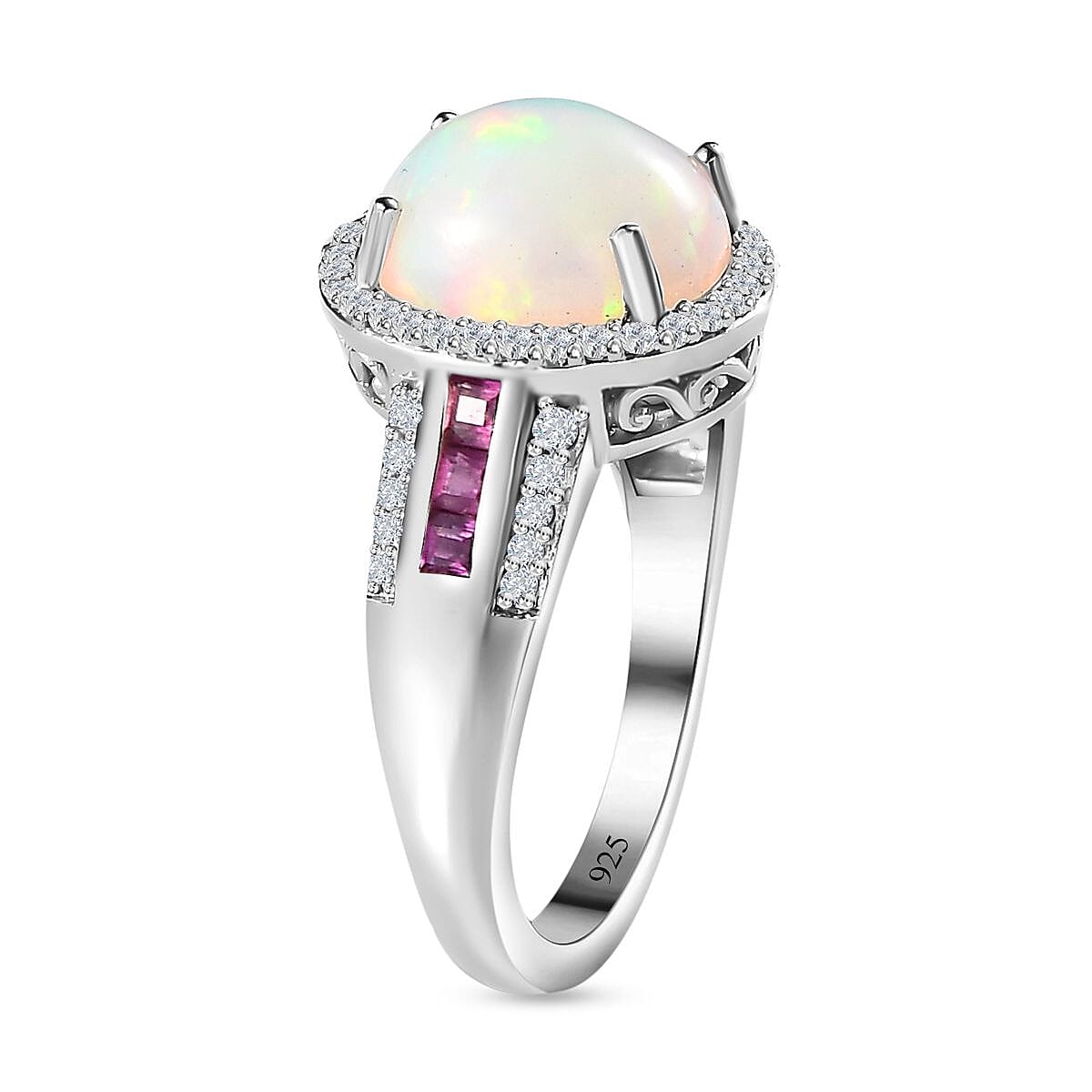 Doorbuster - Ethiopian Welo Opal, African Ruby & Natural Zircon Ring in Platinum Overlay Sterling Silver 3.30 Ct