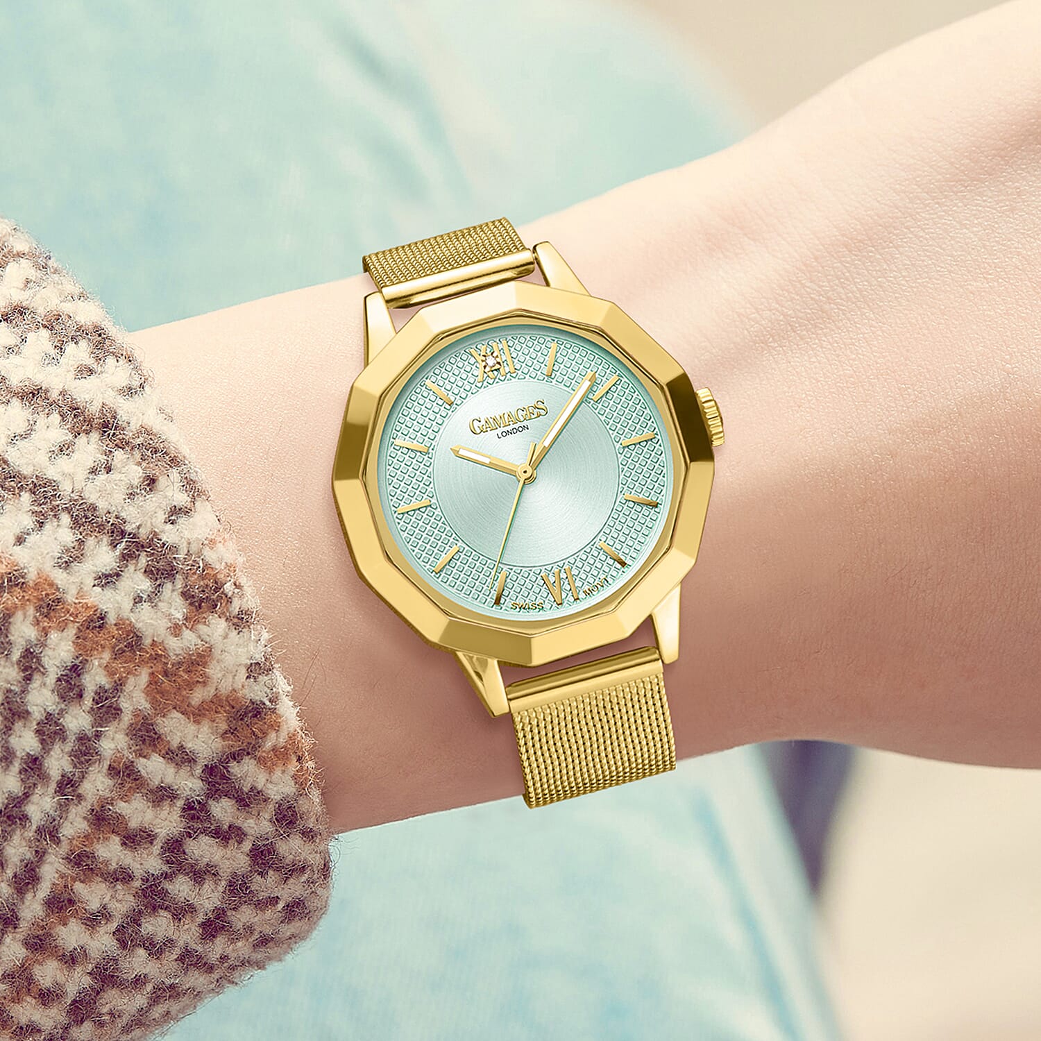 Gamages of London Lotus Diamond Swiss Quartz Movement Seychelles Blue Dial Water Resistant Ladies Watch with Mesh Bracelet in Gold Tone