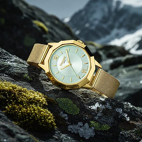 Gamages of London Lotus Diamond Swiss Quartz Movement Seychelles Blue Dial Water Resistant Ladies Watch with Mesh Bracelet in Gold Tone