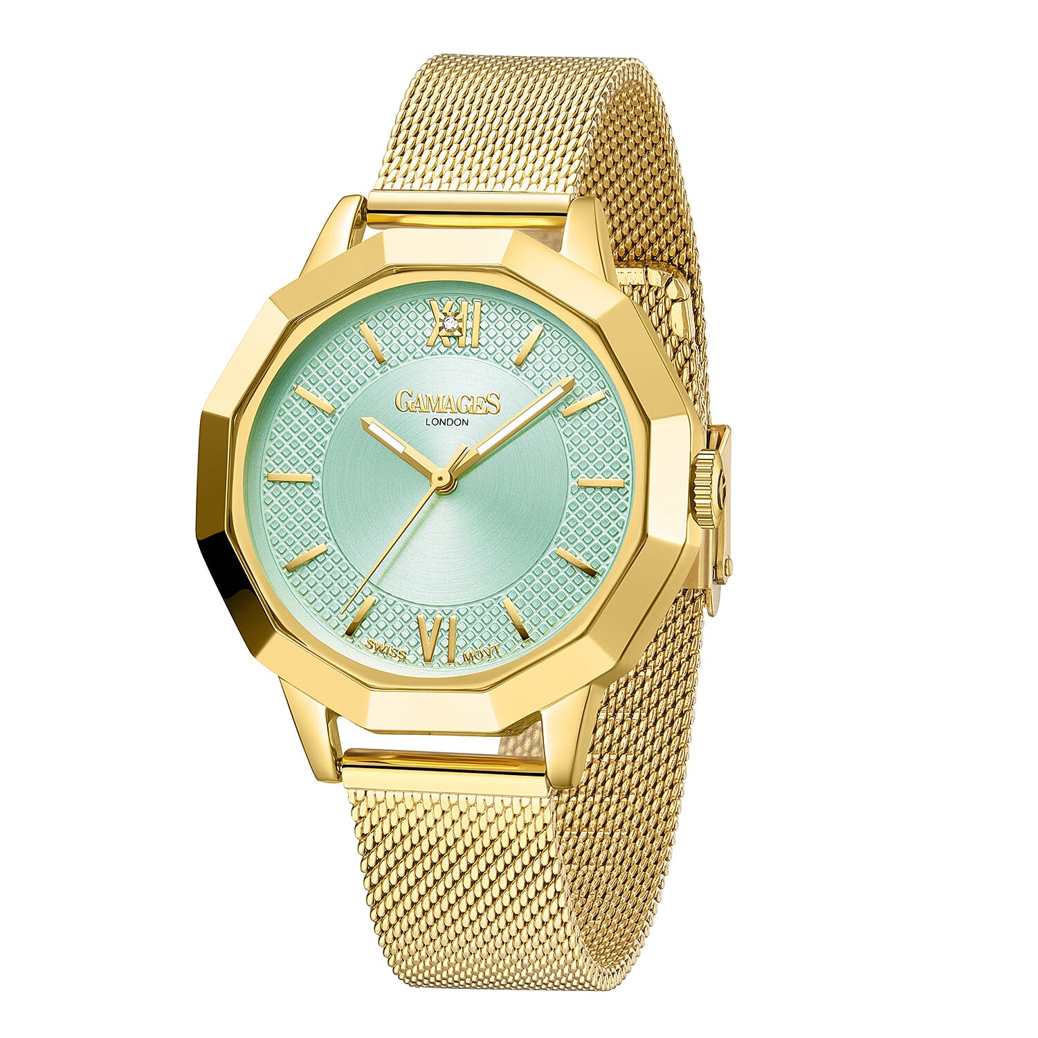 Gamages of London Lotus Diamond Swiss Quartz Movement Seychelles Blue Dial Water Resistant Ladies Watch with Mesh Bracelet in Gold Tone