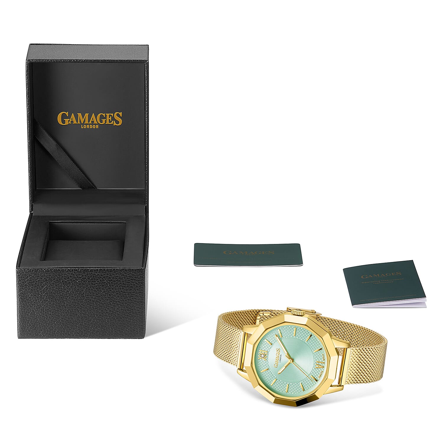 Gamages of London Lotus Diamond Swiss Quartz Movement Seychelles Blue Dial Water Resistant Ladies Watch with Mesh Bracelet in Gold Tone
