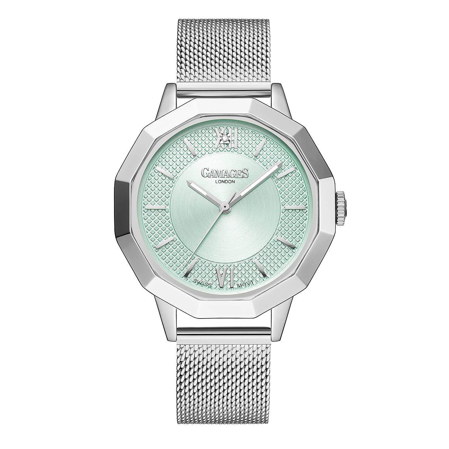 Gamages of London Lotus Diamond Swiss Quartz Movement Seychelles Blue Dial Water Resistant Ladies Watch with Mesh Bracelet in Silver Tone