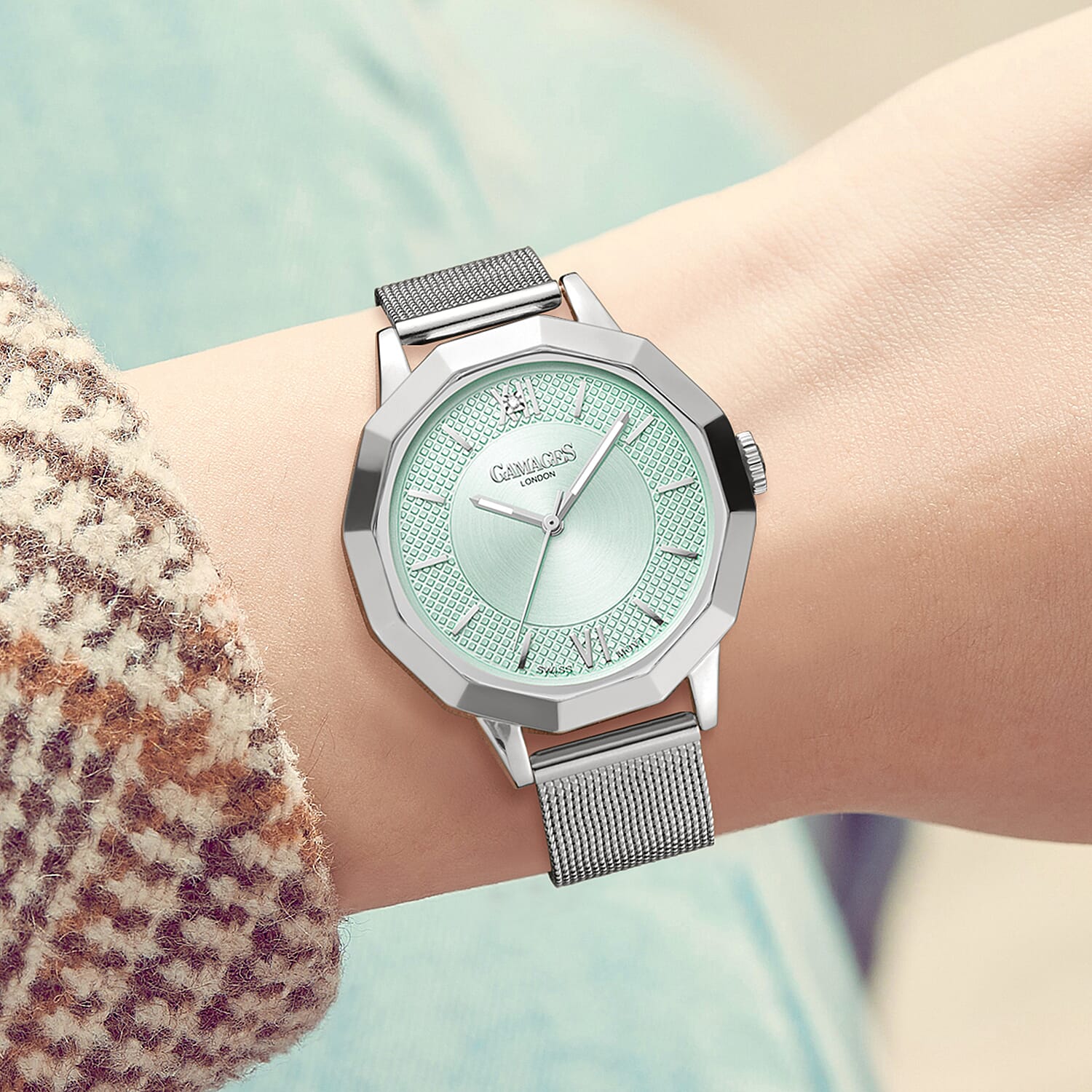 Gamages of London Lotus Diamond Swiss Quartz Movement Seychelles Blue Dial Water Resistant Ladies Watch with Mesh Bracelet in Silver Tone