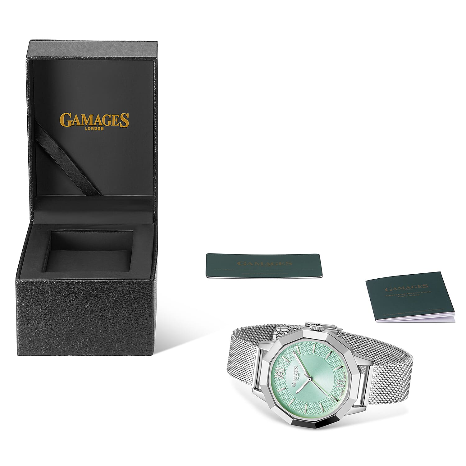 Gamages of London Lotus Diamond Swiss Quartz Movement Seychelles Blue Dial Water Resistant Ladies Watch with Mesh Bracelet in Silver Tone