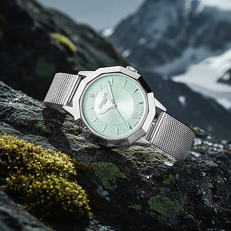 Gamages of London Lotus Diamond Swiss Quartz Movement Seychelles Blue Dial Water Resistant Ladies Watch with Mesh Bracelet in Silver Tone