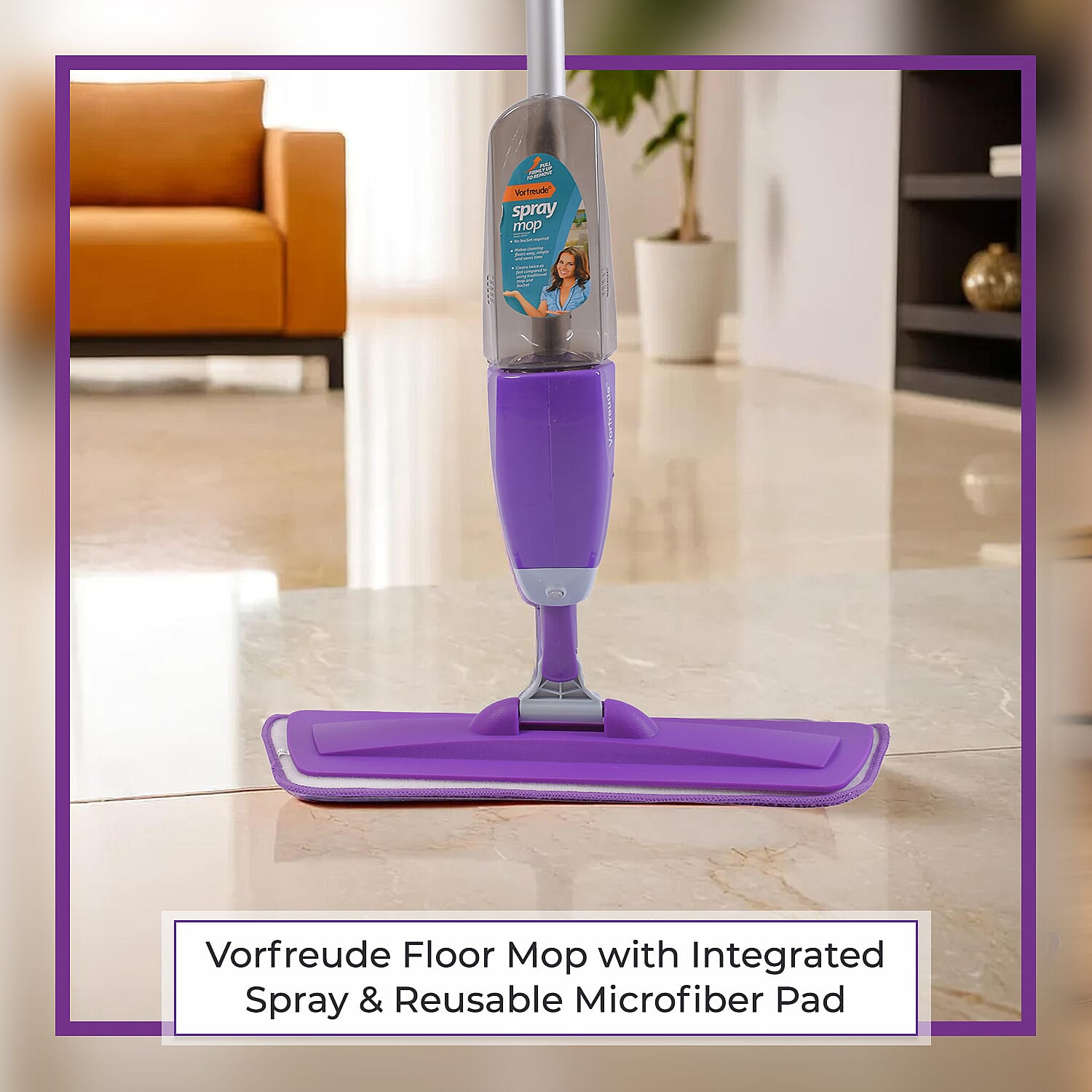Vorfreude Floor Mop with Integrated Spray and Reusable Microfiber Pad (700ml) - Purple