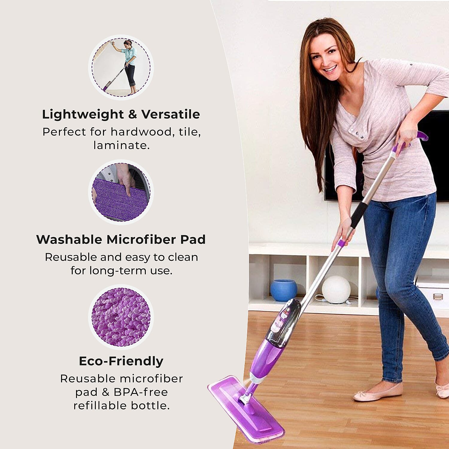 Vorfreude Floor Mop with Integrated Spray and Reusable Microfiber Pad (700ml) - Purple