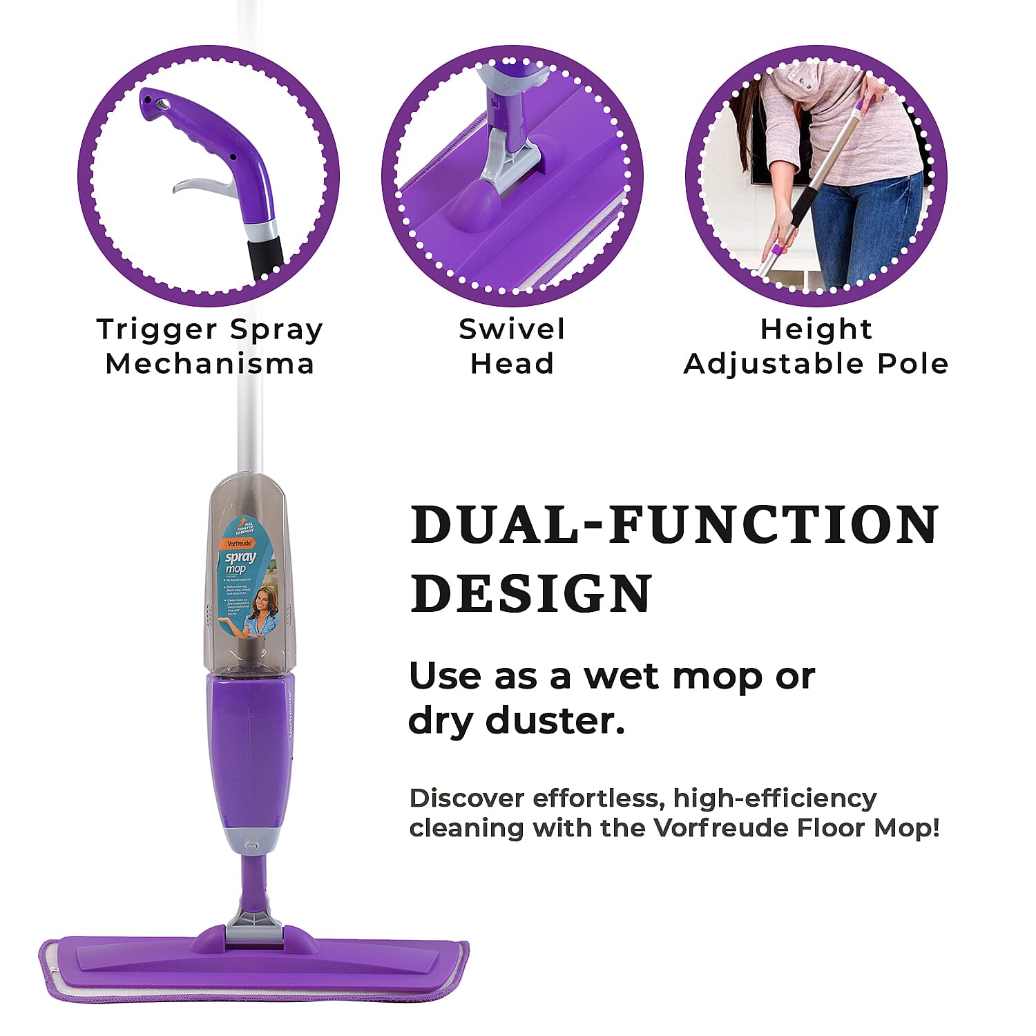 Vorfreude Floor Mop with Integrated Spray and Reusable Microfiber Pad (700ml) - Purple