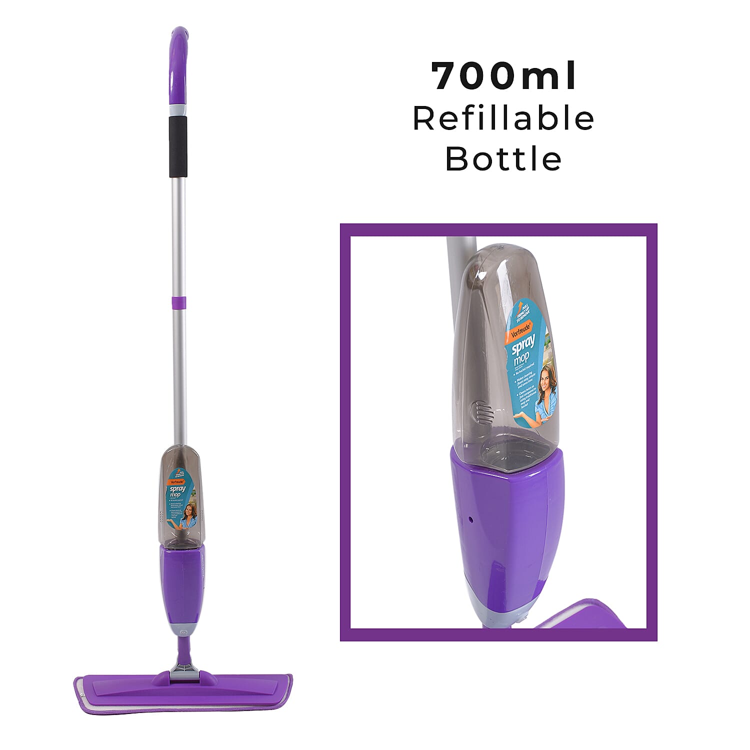Vorfreude Floor Mop with Integrated Spray and Reusable Microfiber Pad (700ml) - Purple