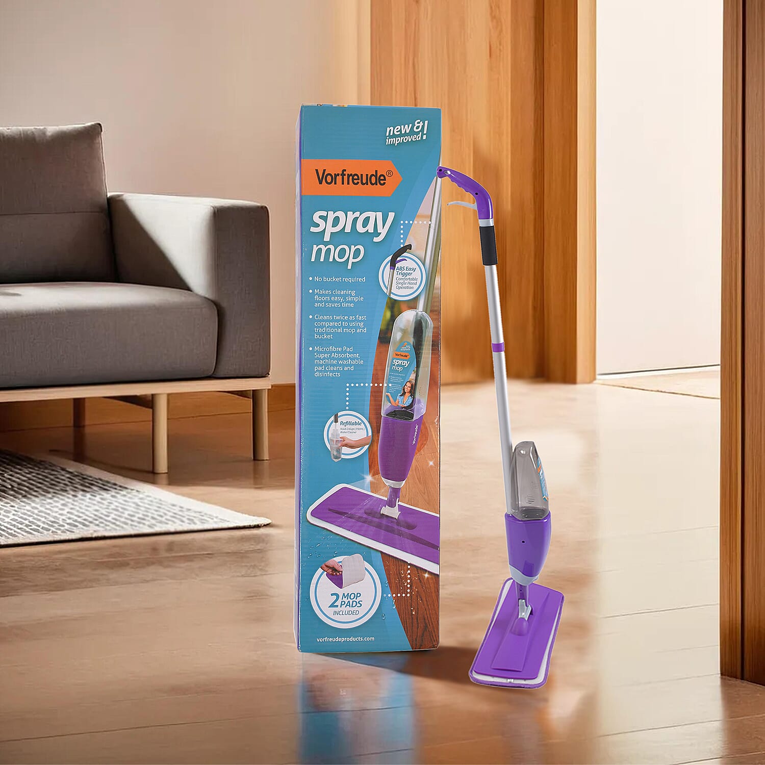 Vorfreude Floor Mop with Integrated Spray and Reusable Microfiber Pad (700ml) - Purple