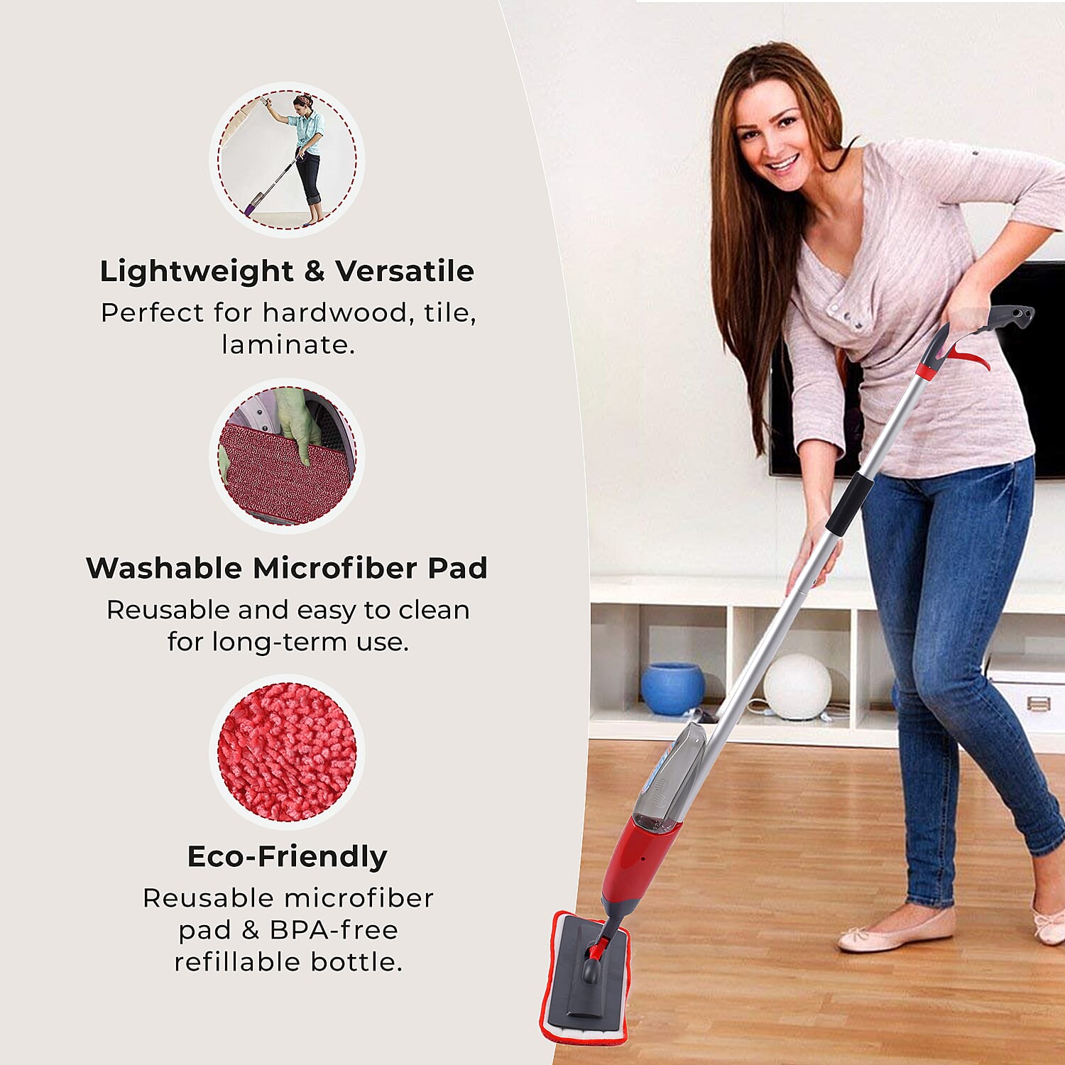 Vorfreude Floor Mop with Integrated Spray & Reusable Microfiber Pad (700ml - Red
