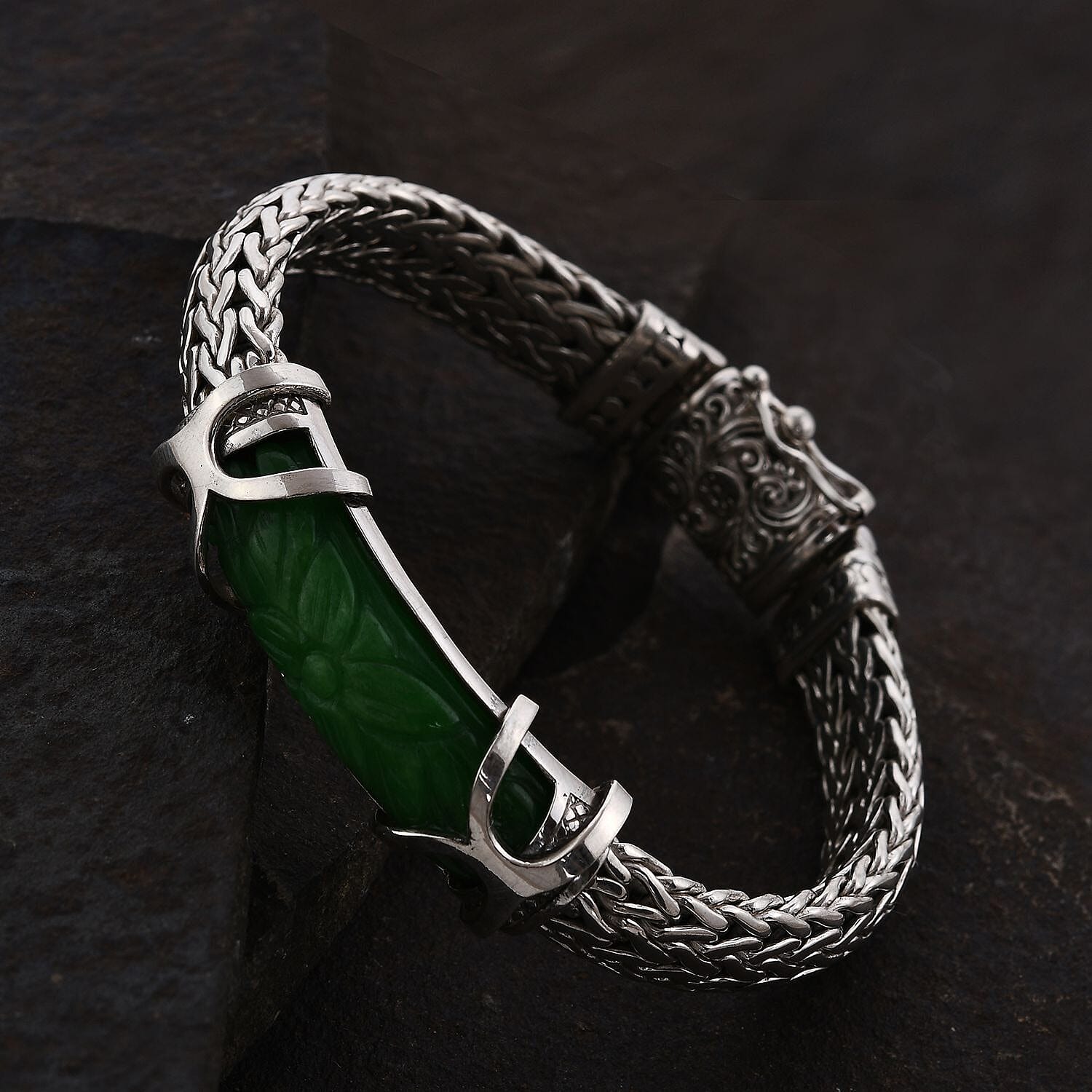 Royal Bali Collection - Carved  Green Jade Bracelet (Size - 7.5) in Sterling Silver 23.70 Ct, Silver Wt 63.00 GM
